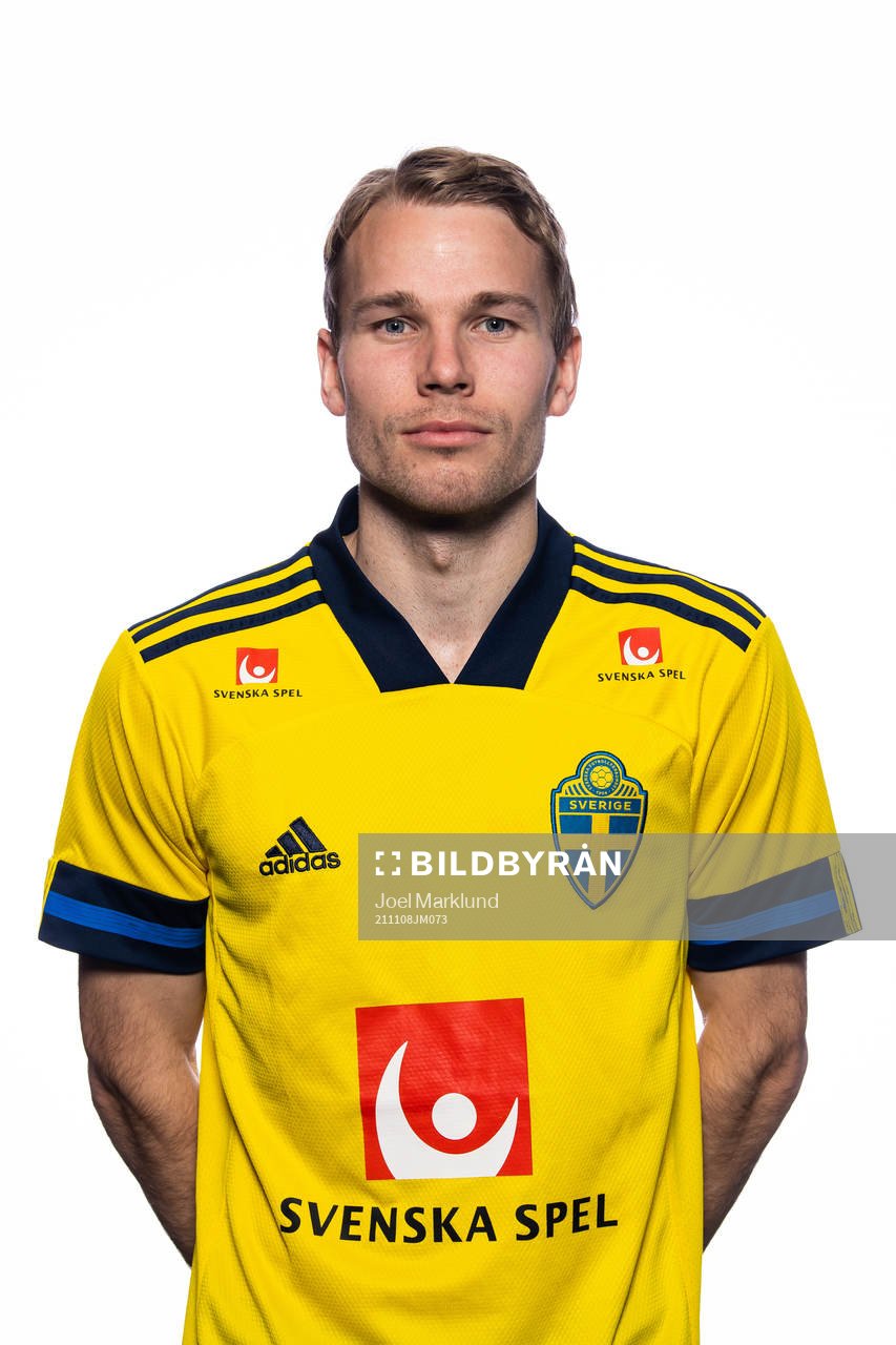 Oscar Lewicki of the Swedish national football team poses