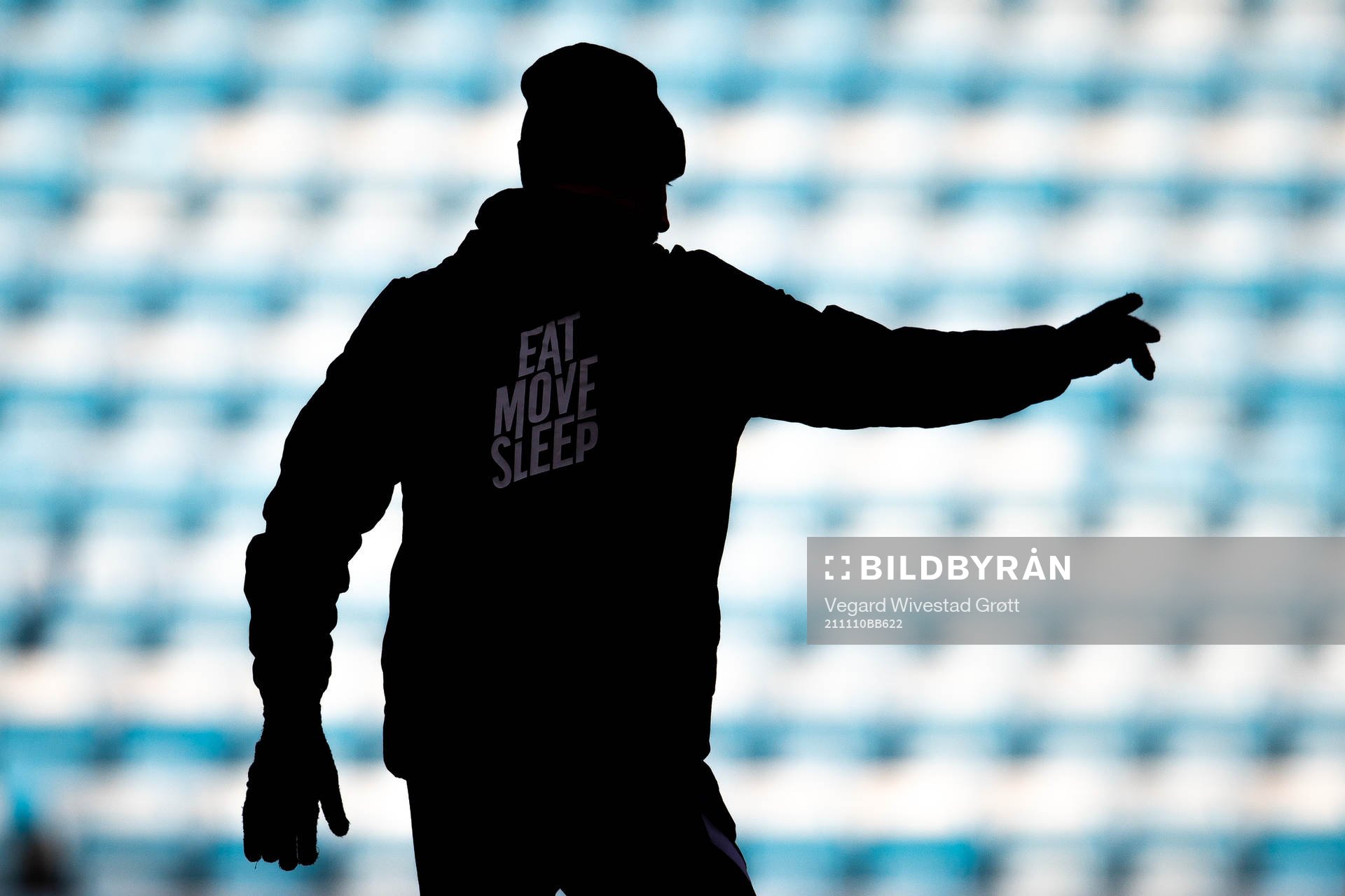 The silhouette of Ståle Solbakken, head coach of the Norwegian national football team, during a training session on November 10, 2021 in Oslo.