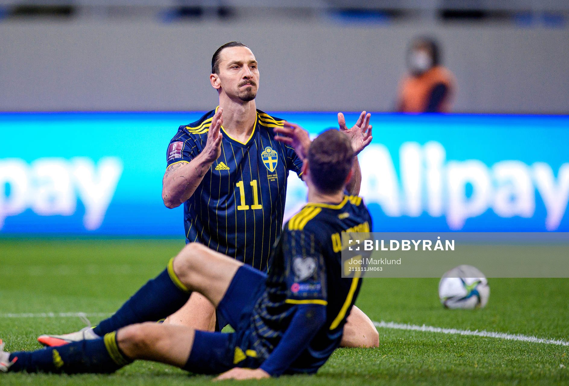 Zlatan Ibrahimovic and Viktor Claesson of Sweden reacts