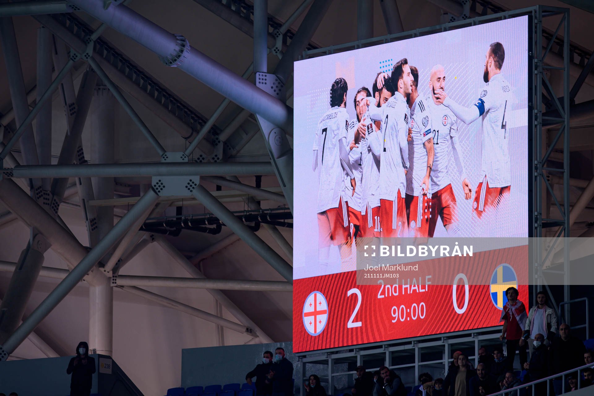 The final result is shown during the FIFA World Cup Qualifier football match between Georgia and Sweden on November 11, 2021 in Batumi.