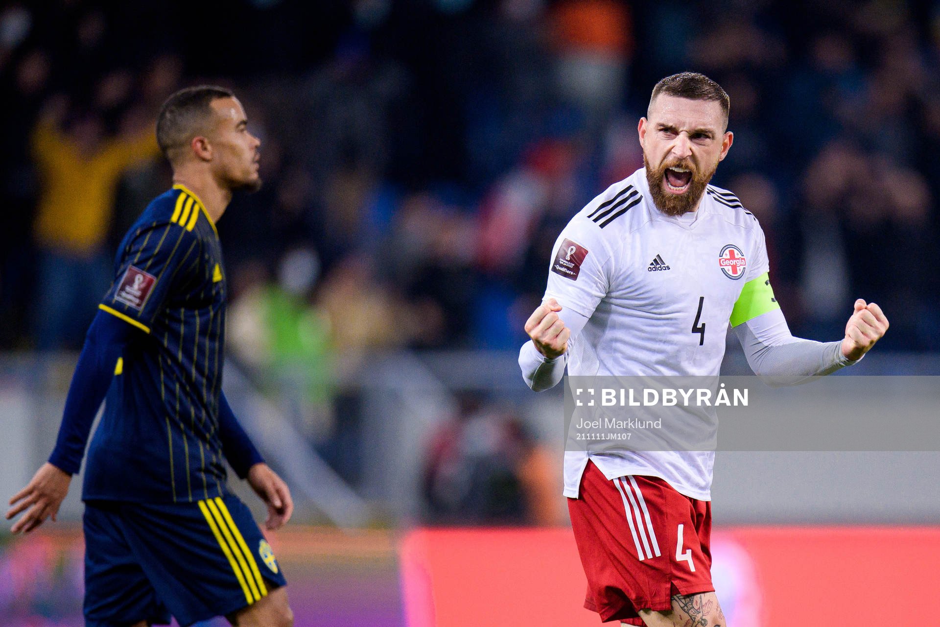Guram Kashia of Georgia celebrates after the FIFA World Cup Qualifier football match between Georgia and Sweden on November 11, 2021 in Batumi.