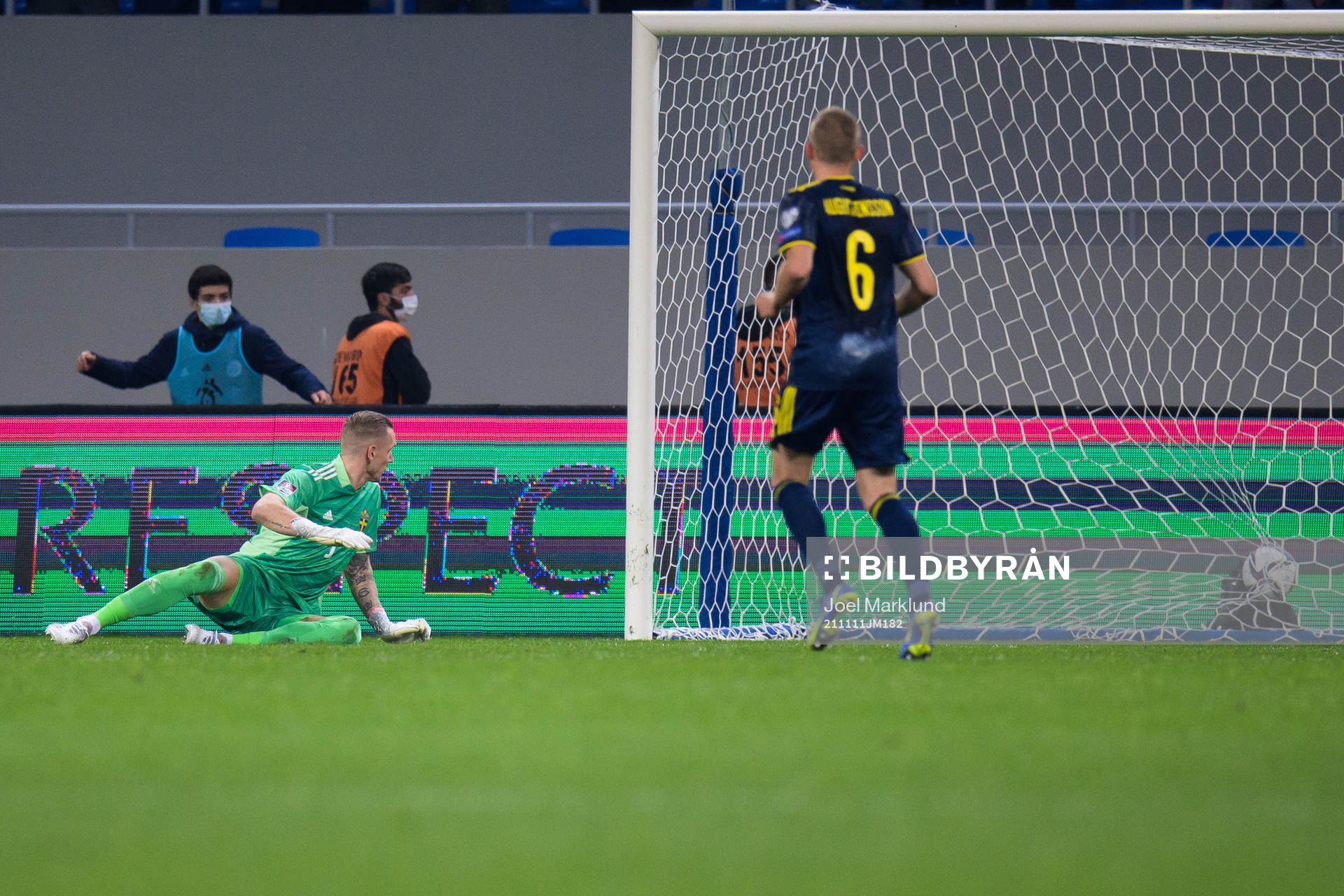 Goalkeeper Robin Olsen of Sweden lets in the 2-0 goal from