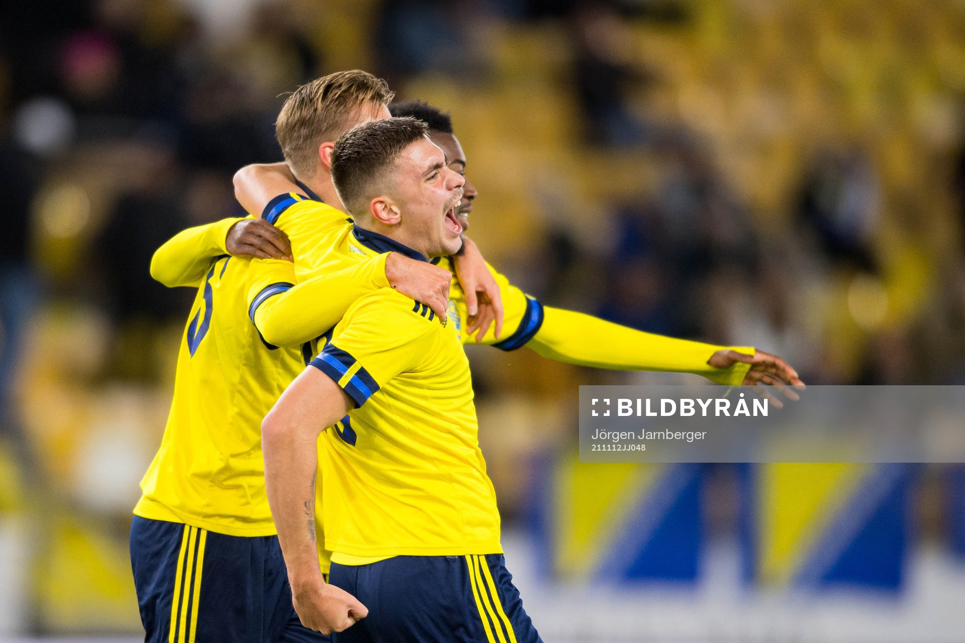 Tim Prica of Sweden celebrates after the 4-0 ogal during the UEFA European Under-21 Qualifier football match between Sweden and Bosnia-Herzegovina on November 12, 2021 in Borås.