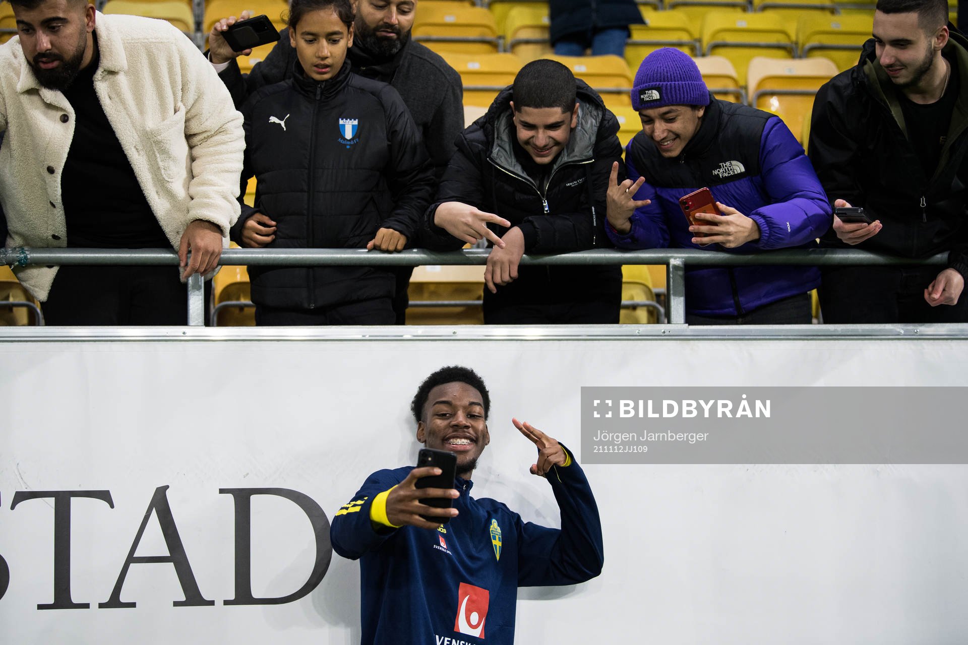Anthony Elanga of Sweden celebrates with spectators after the UEFA European Under-21 Qualifier football match between Sweden and Bosnia-Herzegovina on November 12, 2021 in Borås.