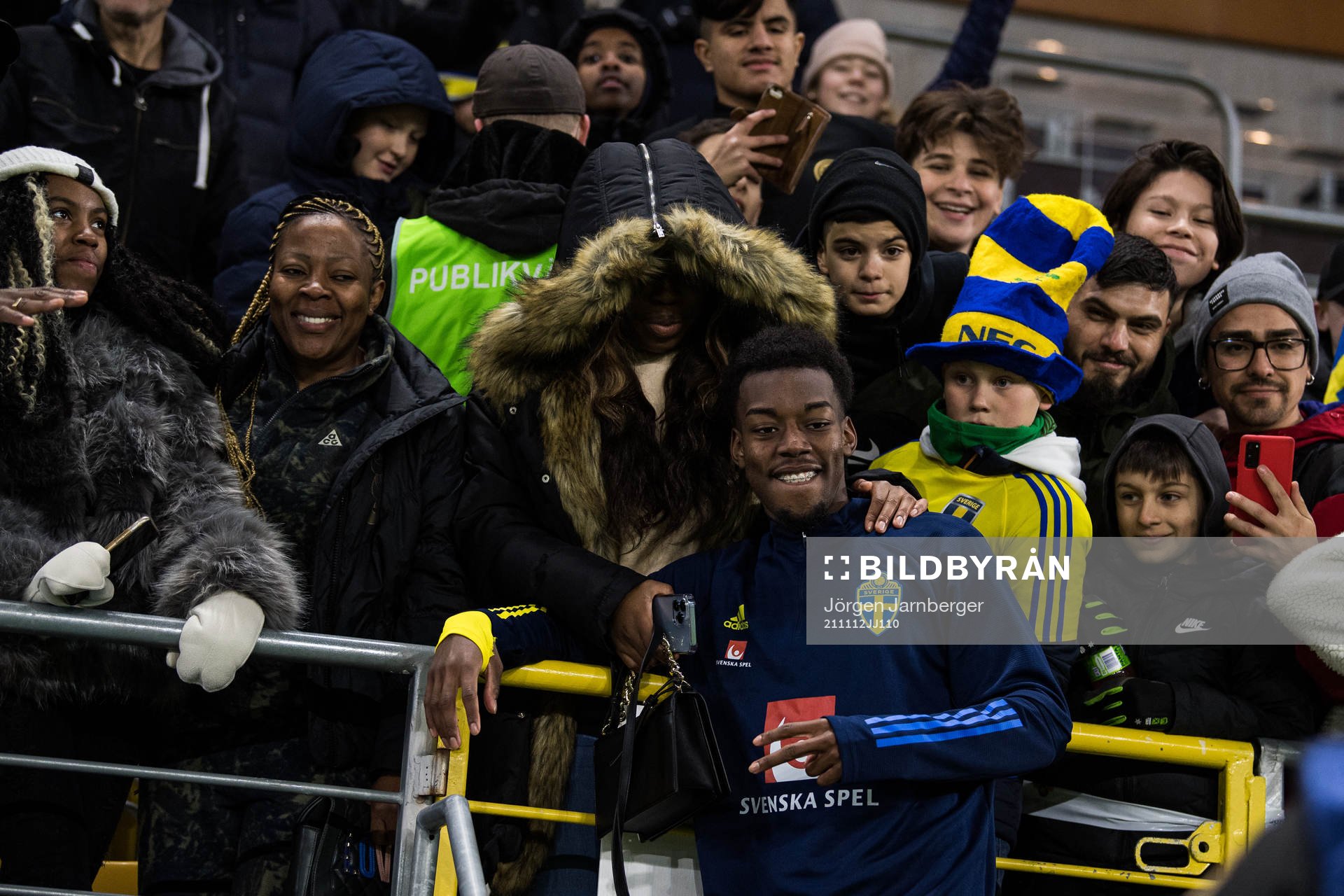 Anthony Elanga of Sweden celebrates with spectators after the UEFA European Under-21 Qualifier football match between Sweden and Bosnia-Herzegovina on November 12, 2021 in Borås.