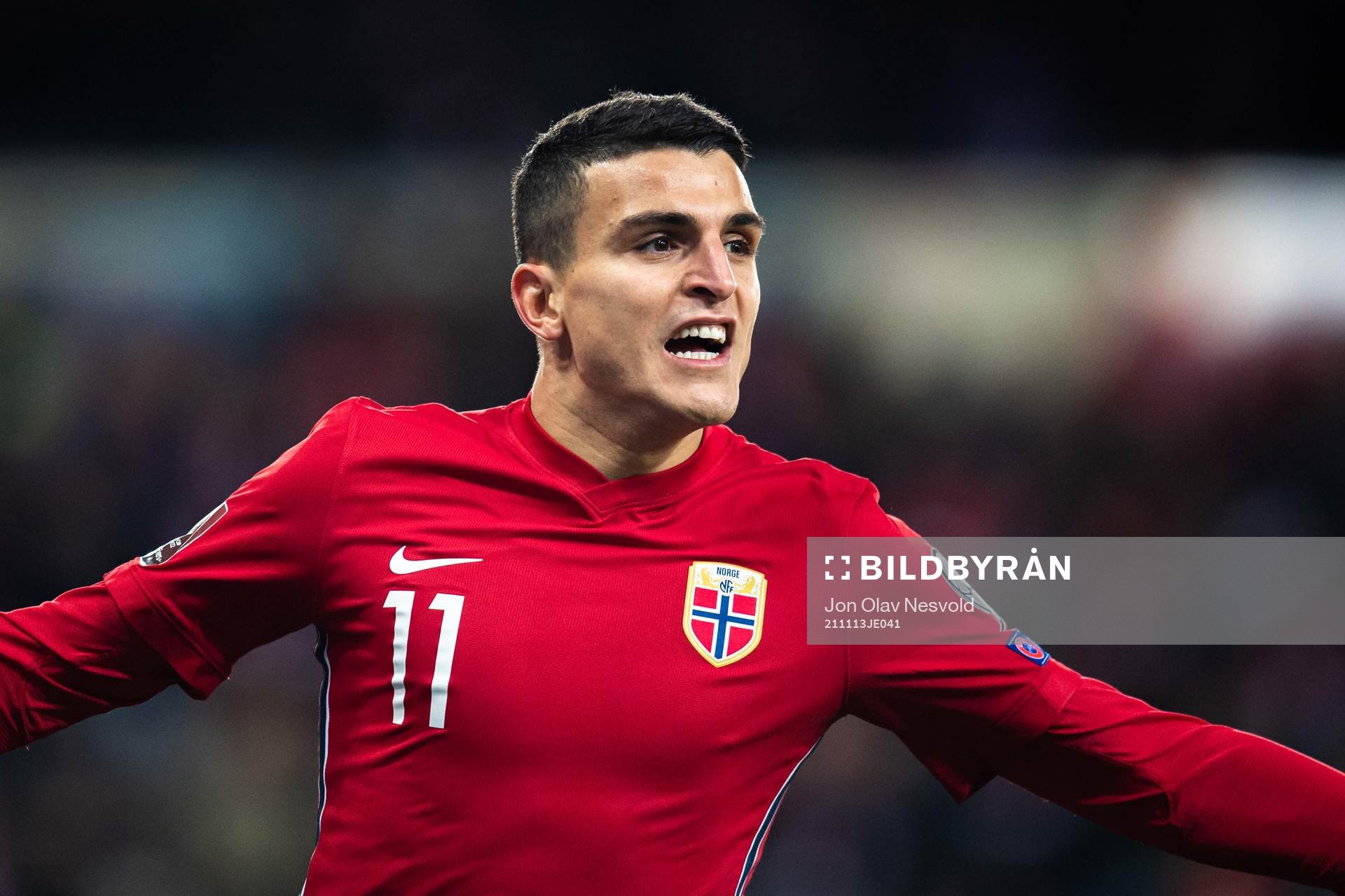Mohamed Elyounoussi of Norway celebrates after scoring the 1-0 goal that was later disallowed due to offside during the FIFA World Cup Qualifier football match between Norway and Latvia on November 13, 2021 in Oslo.