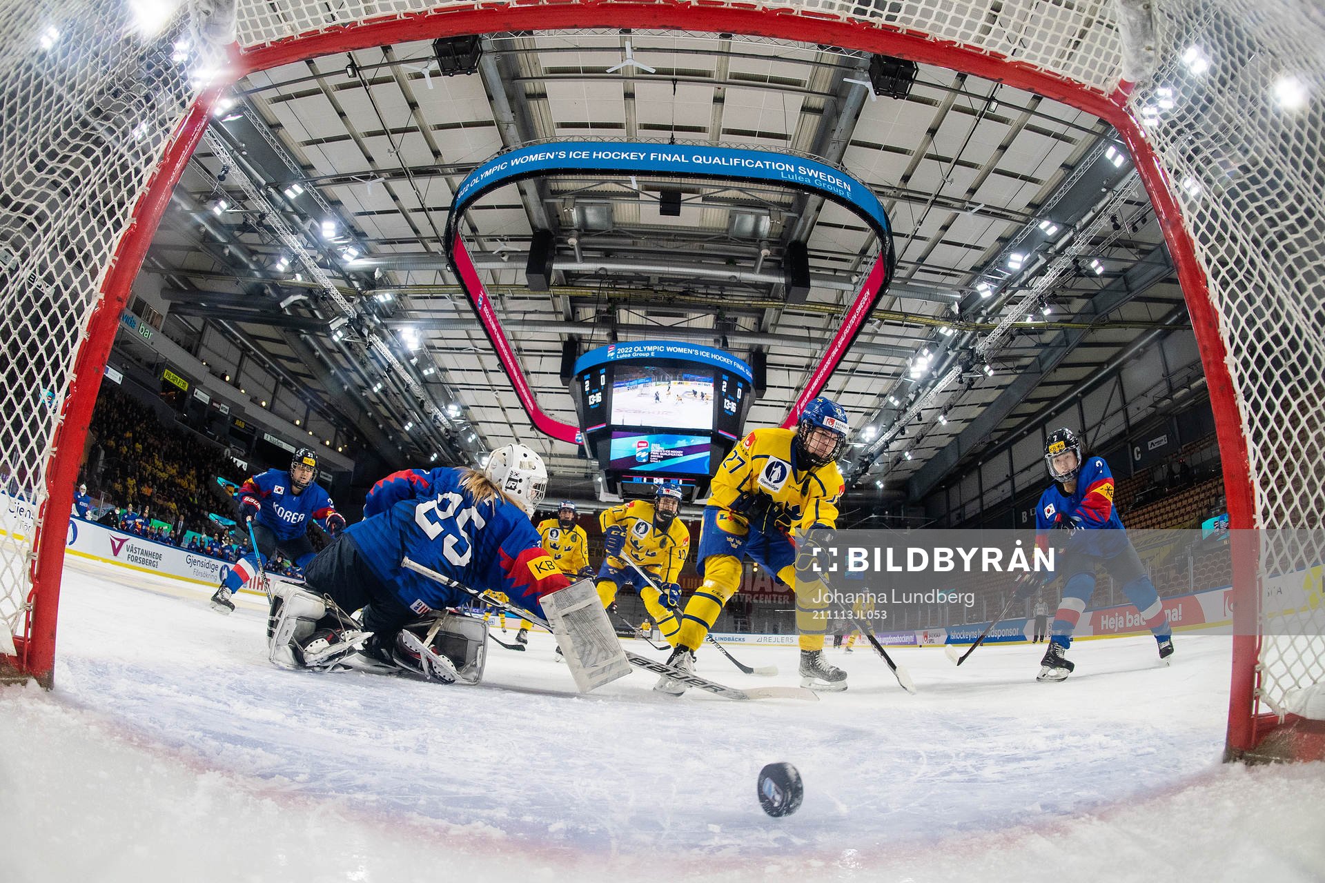 Emma Nordin of Sweden scores behind goalkeeper Inhye Jang