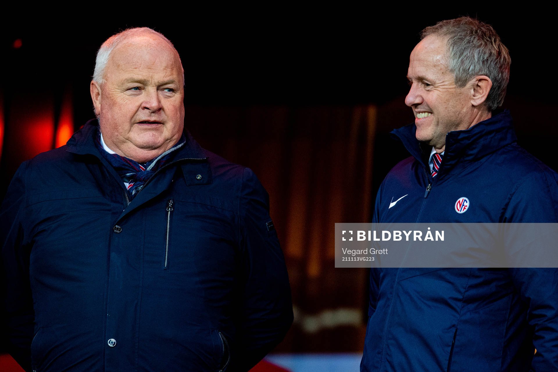 Terje Svendsen, president of the Norwegian Football Association (NFF), and Pål Bjerketvedt, general secretary, in the stands ahead of the FIFA World Cup Qualifier football match between Norway and Latvia on November 13, 2021 in Oslo.