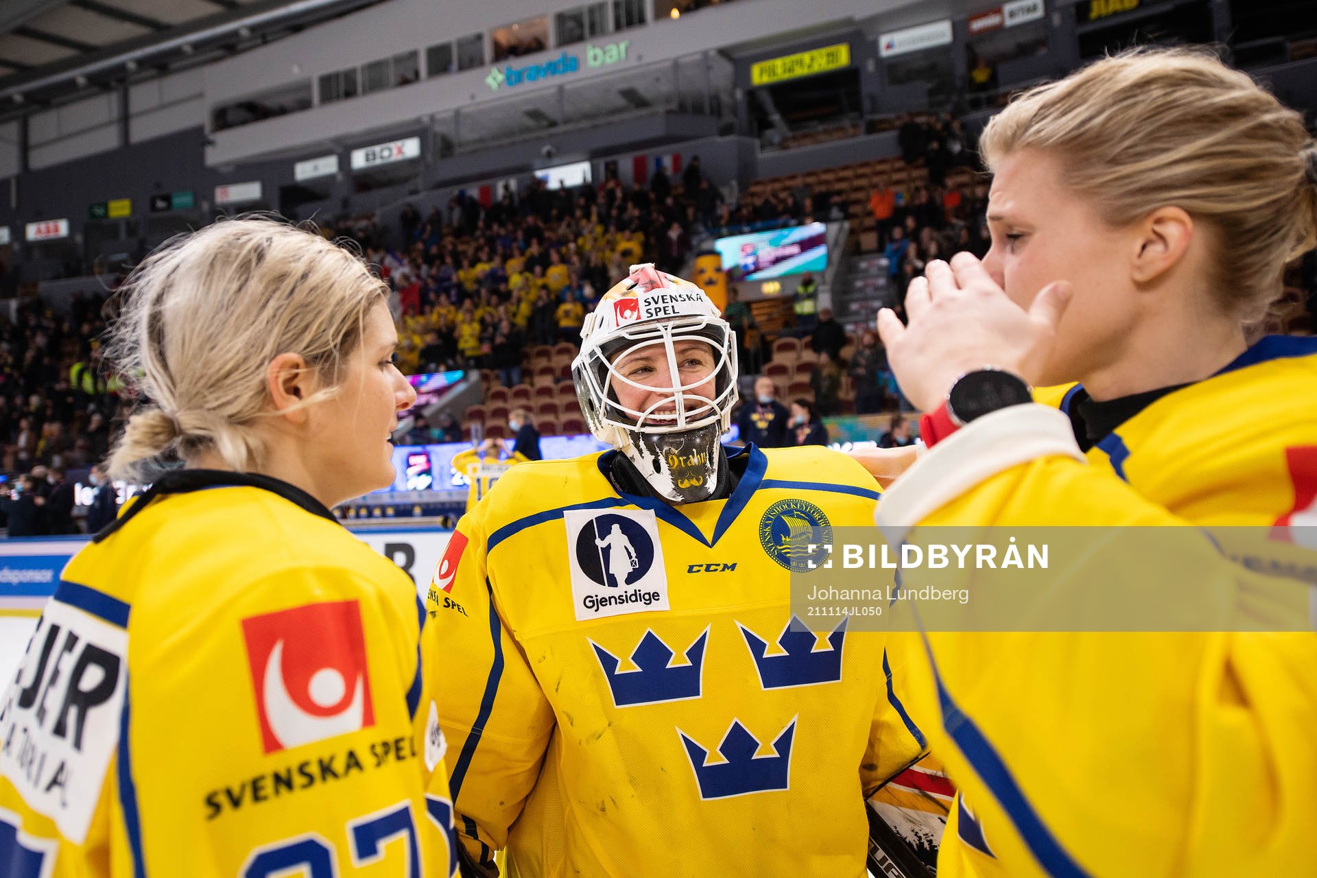 Emma Nordin, goalkeeper Sara Grahn and Johanna Fällman of