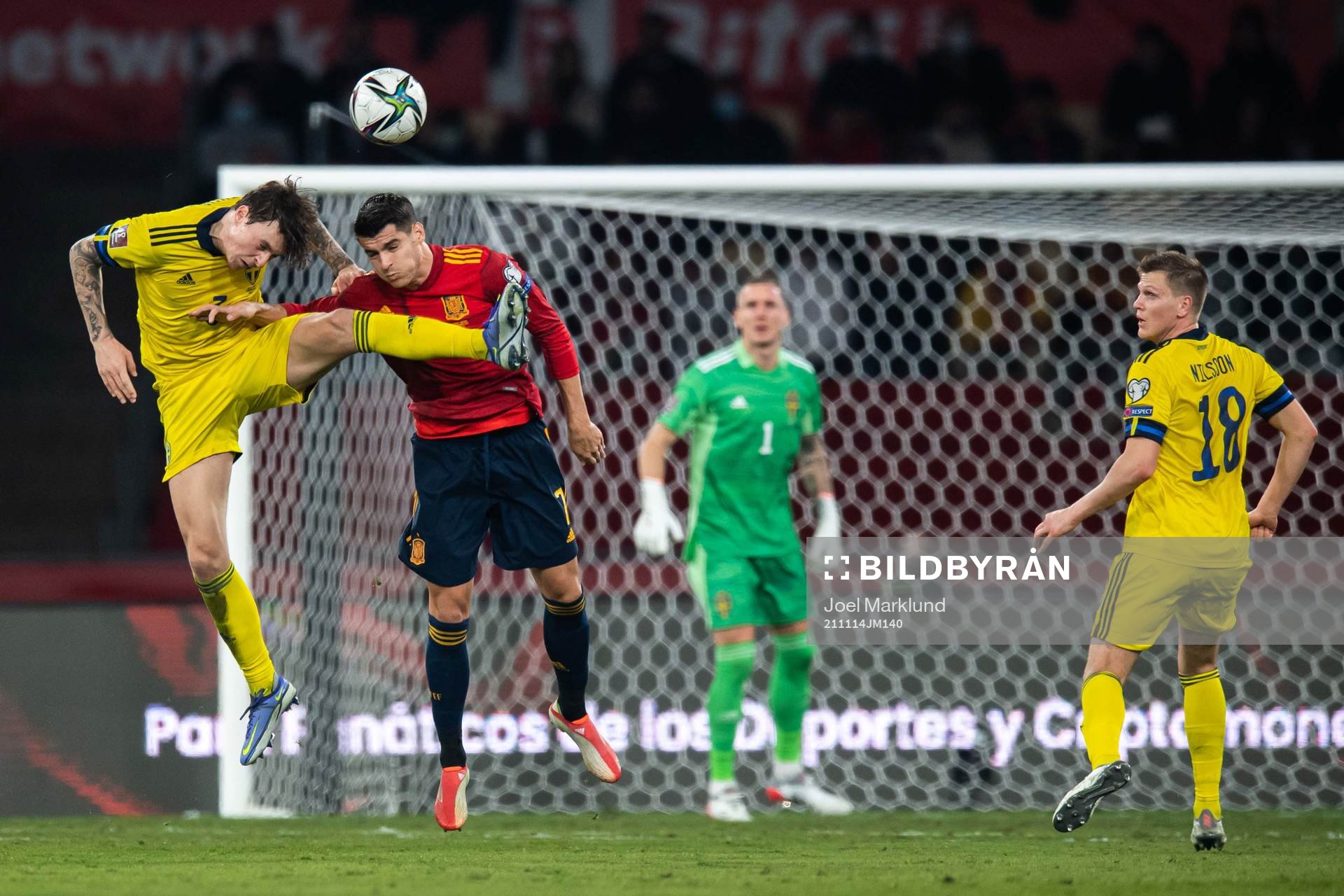 Victor Nilsson Lindelöf of Sweden and Alvaro Morata of