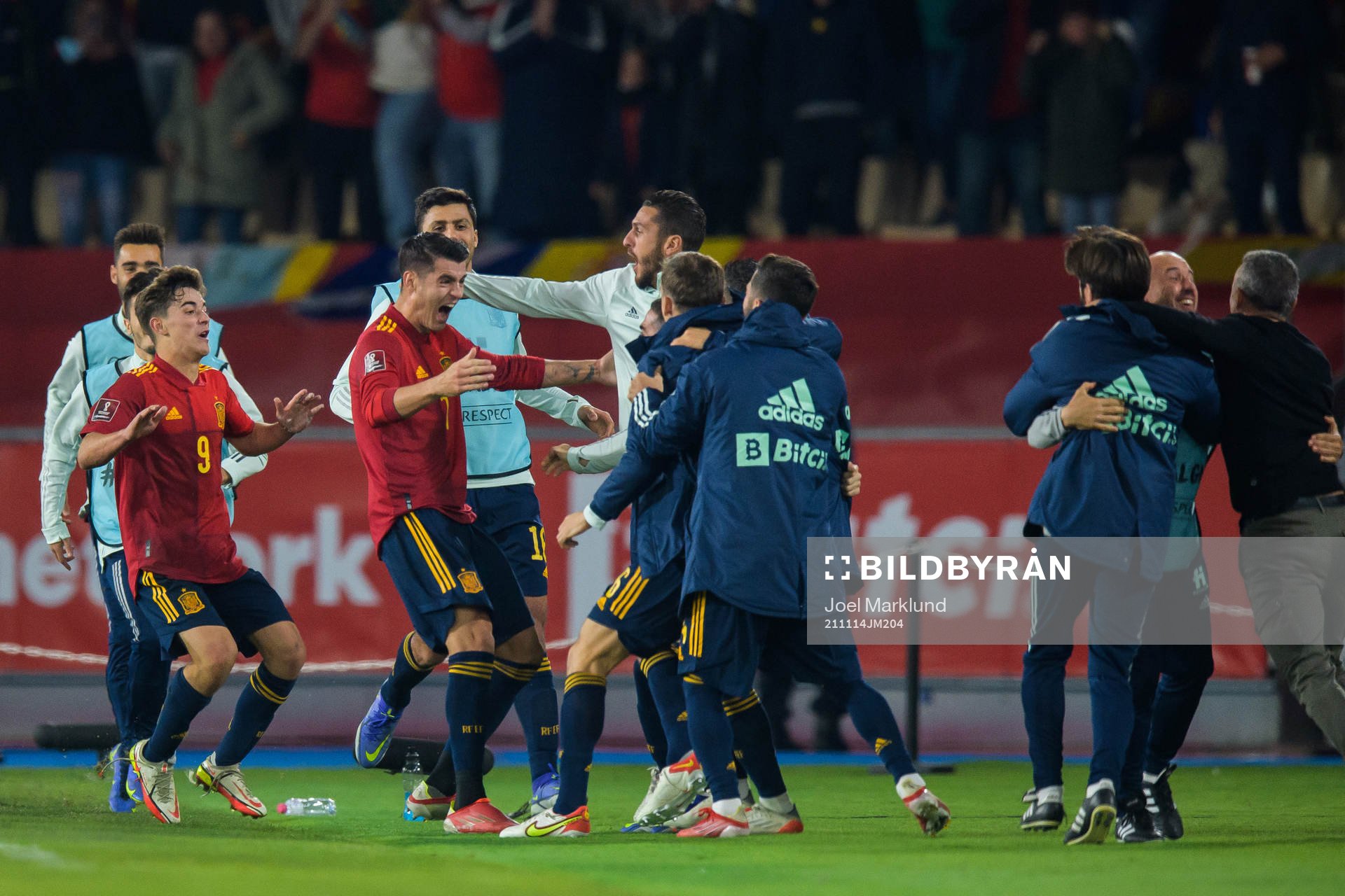 Gavi and Alvaro Morata of Spain celebrate the 1-0 goal with