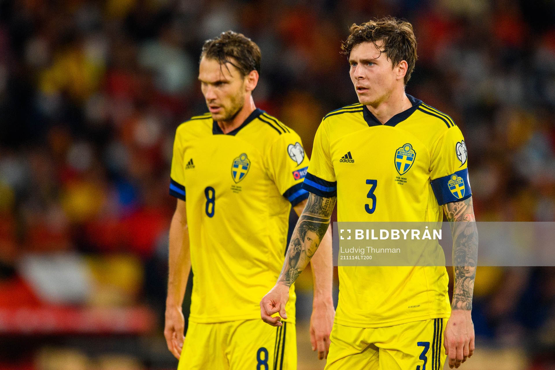 Albin Ekdal and Victor Nilsson Lindelöf of Sweden looks