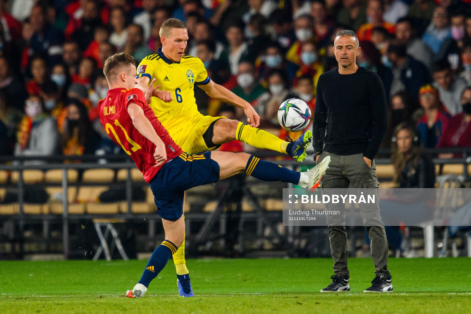 Ludwig Augustinsson of Sweden and Dani Olmo and head coach