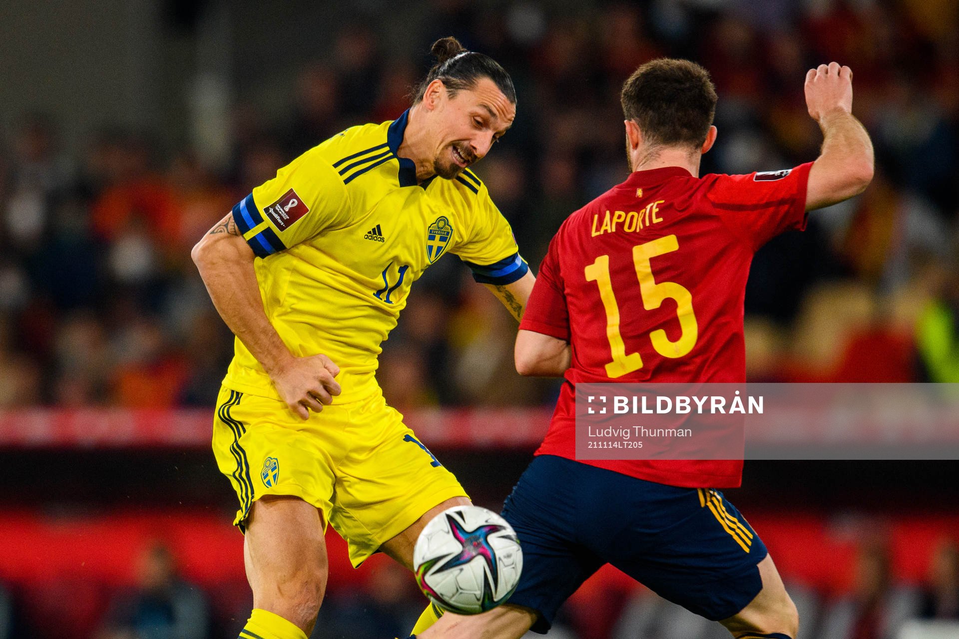 Zlatan Ibrahimovic of Sweden and Aymeric Laporte of Spain