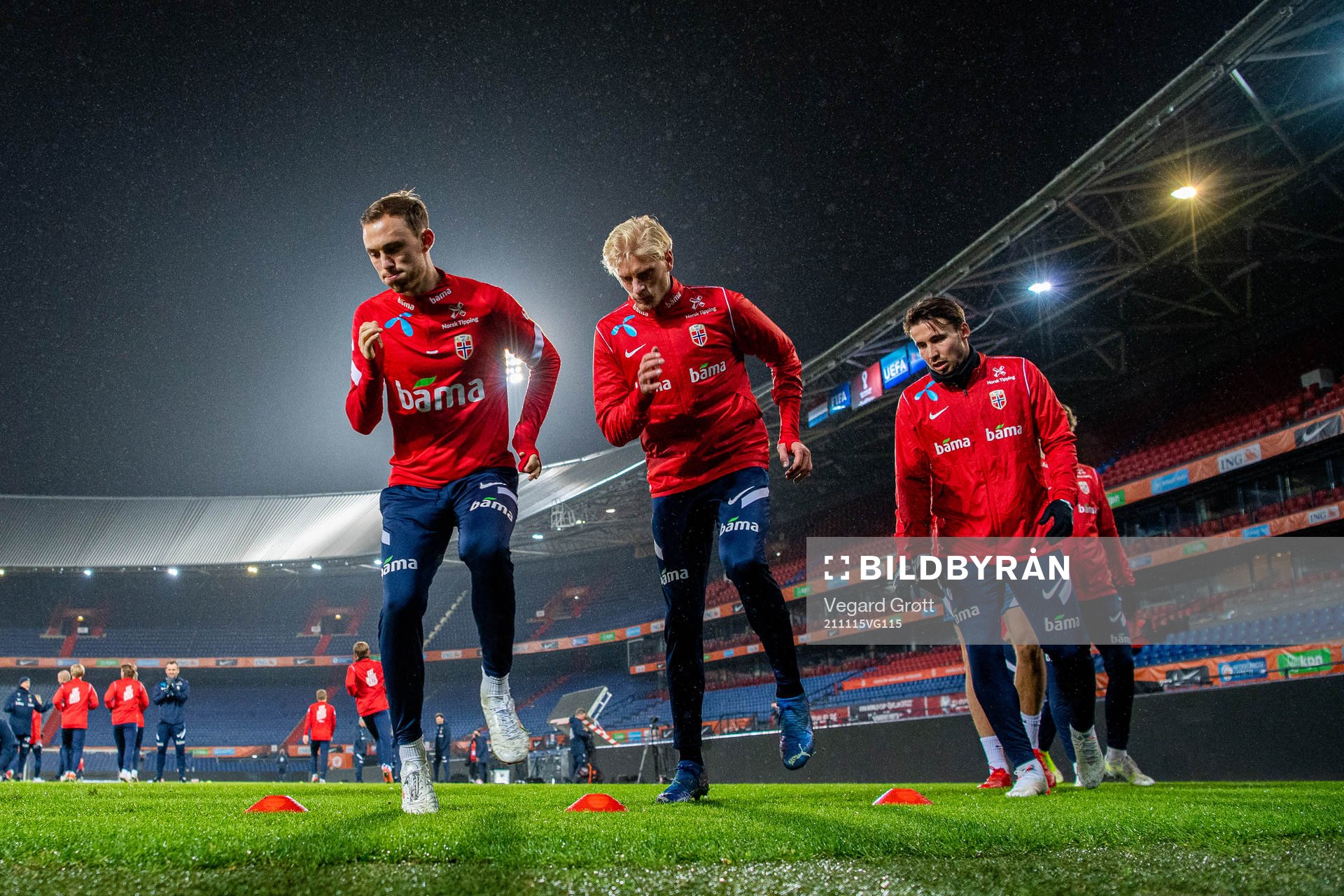 Fredrik Aursnes, Morten Thorsby and Anders Trondsen of the Norwegian national football team during a training session on November 15, 2021 in Rotterdam.