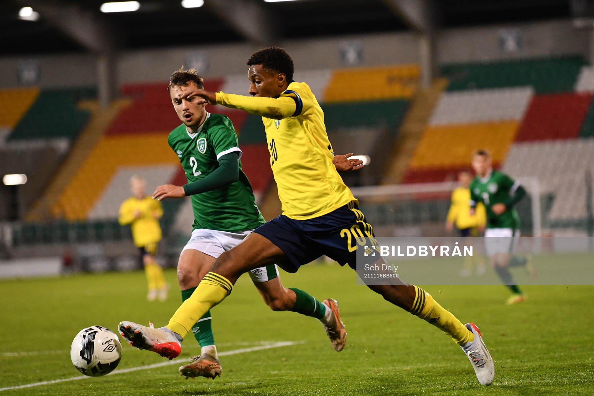 Paulos Abraham of Sweden and Lee O'Connor of Republic of Ireland during the UEFA European Under-21 Qualifier football match between Ireland and Sweden on November 16, 2021 in Dublin.