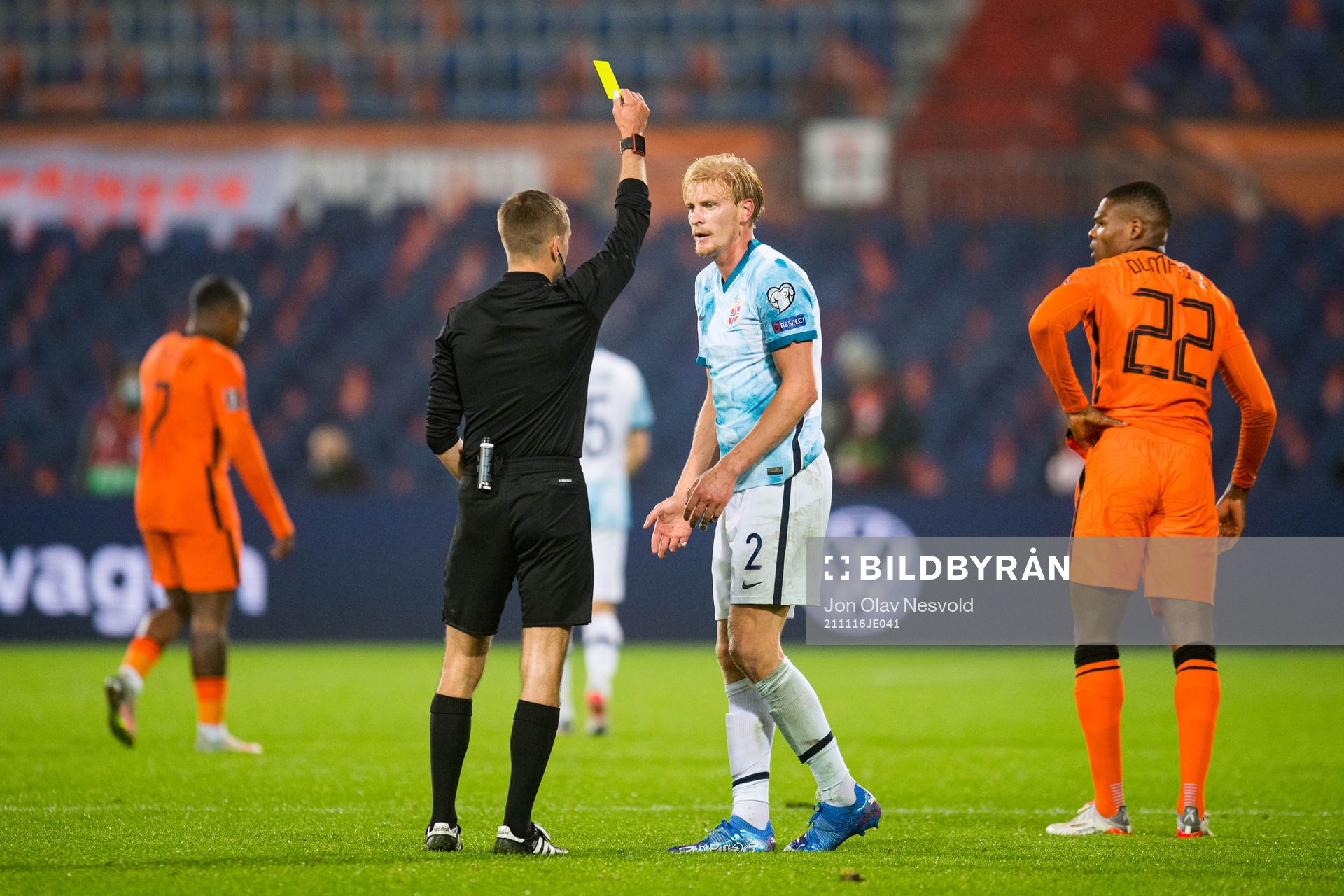 Morten Thorsby of Norway receives a yellow card