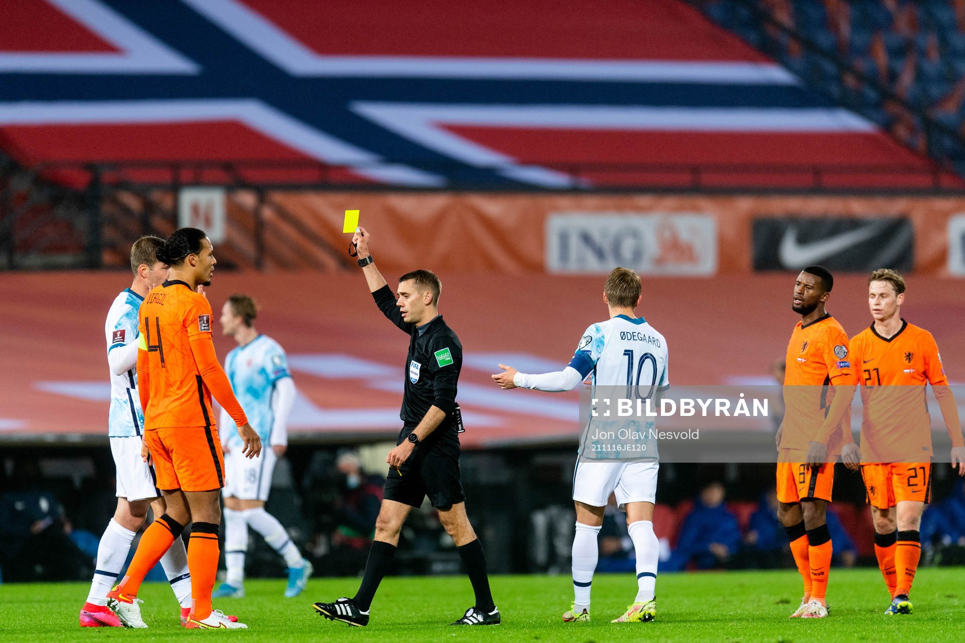Alexander Sørloth of Norway is shown a yellow card by