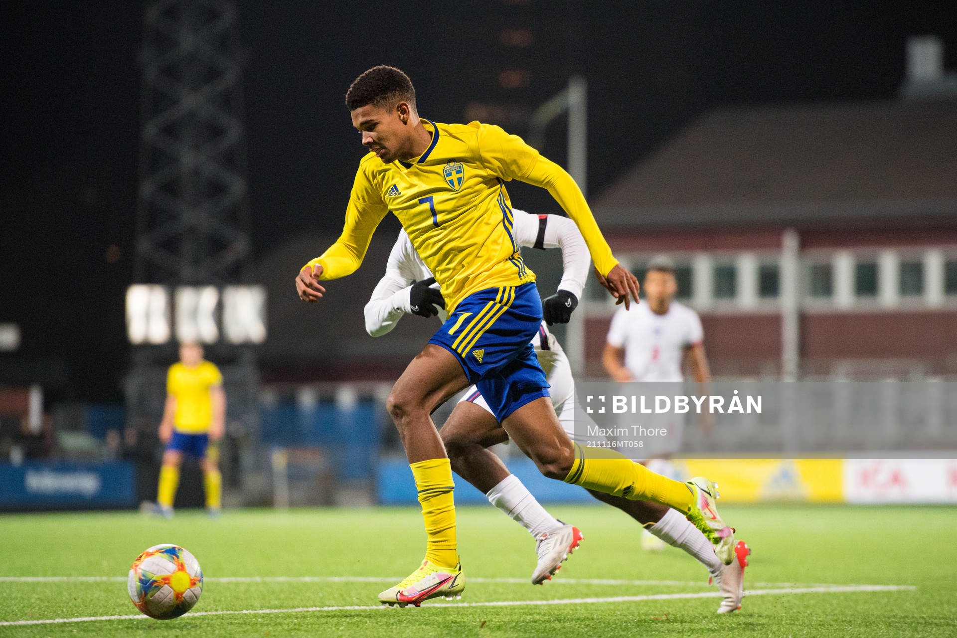 Emil Roback of Sweden during the UEFA European U18 Qualifier football match between Sweden and England on November 16, 2021 in Stockholm.