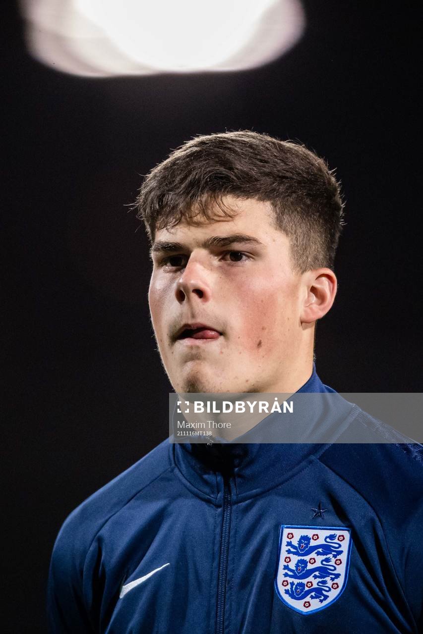 Ronnie Edwards of England at lineup ahead of the UEFA European U18 Qualifier football match between Sweden and England on November 16, 2021 in Stockholm.