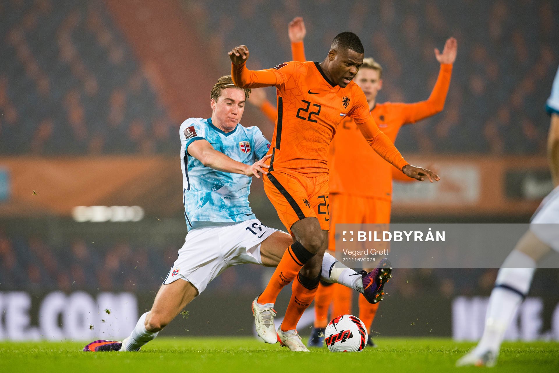 Kristian Thorstvedt of Norway and Denzel Dumfries of