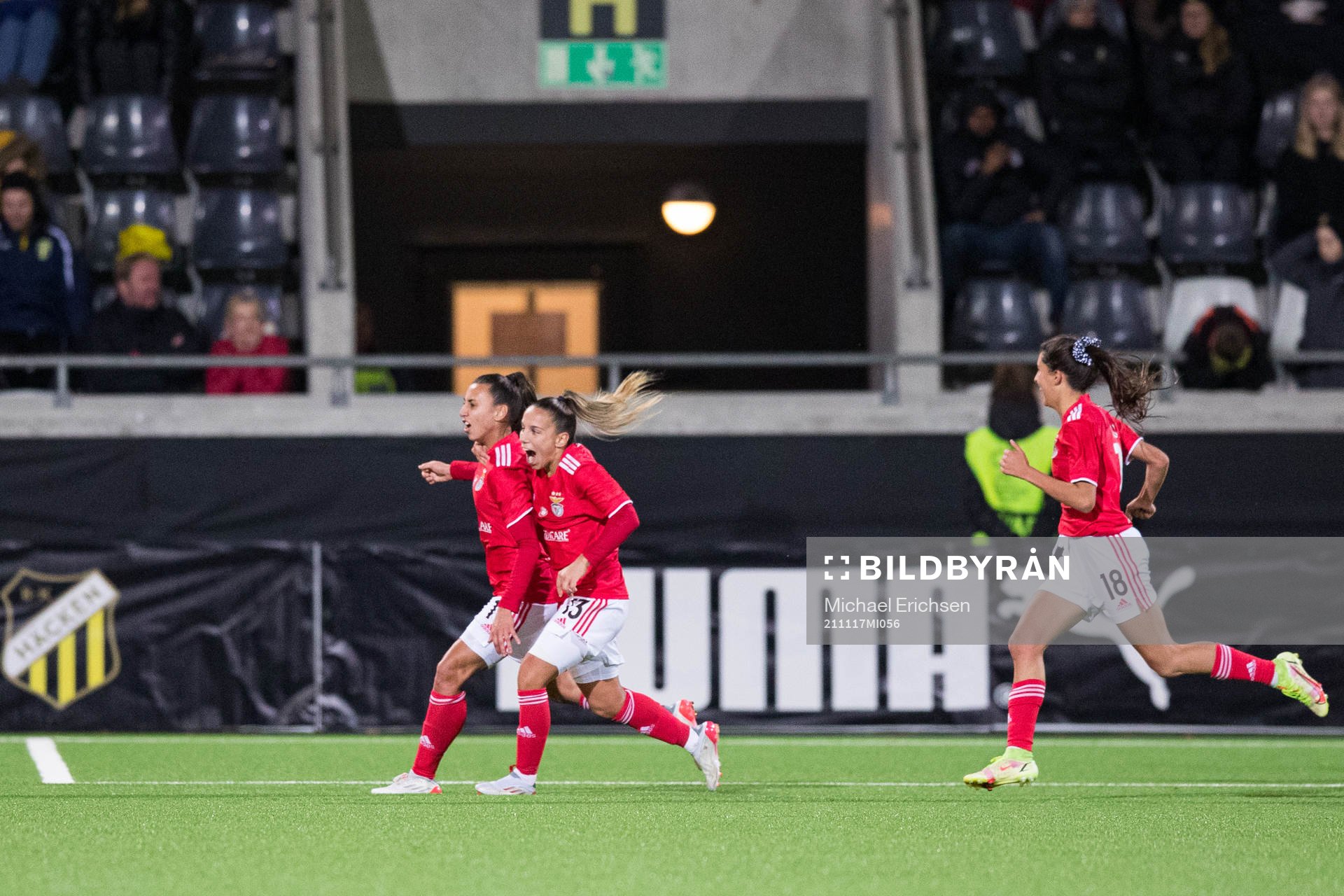 Catarina Amado and Lucia Alves of Benfica celebrate after the 1-2 goal during the UEFA Women's Champions League football match between Häcken and Benfica on November 17, 2021 in Göteborg.