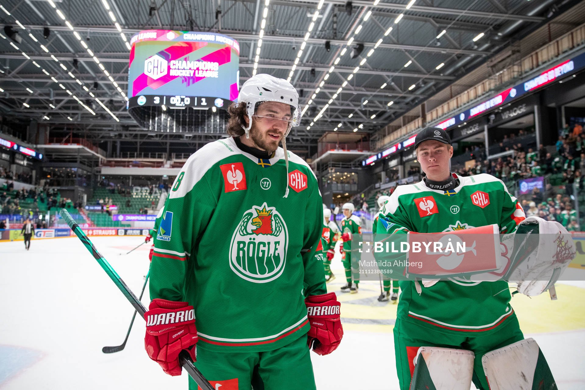 Dennis Everberg and goalkeeper Calle Clang  of Rögle