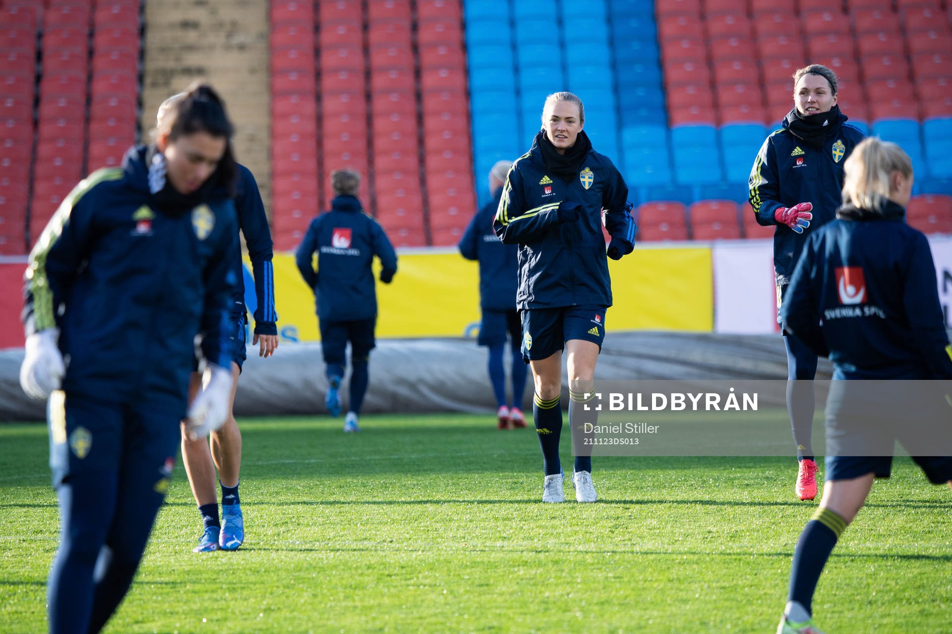 Magdalena Eriksson and goalkeeper Jennifer Falk of the