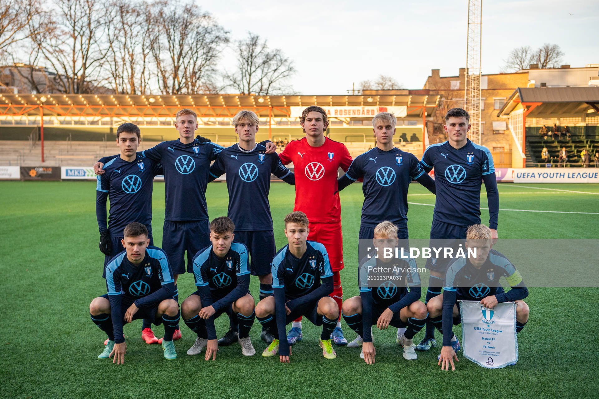 The starting eleven of Malmö FF pose for a team photo ahead of the UEFA Youth League match between Malmö FF and Zenit St Petersburg on November 23, 2021 in Malmö. Top left: Ajdin Avdic, Hugo Larsson, Pontus Strömberg, goalkeeper Melker Ellborg, Ludvig Nicklasson and Lorik Konjuhi. Bottom left: Isak Bjerkebo, August Karlin, Hugo Bolin, Emil Lindman and Melker Widell of Malmö FF.