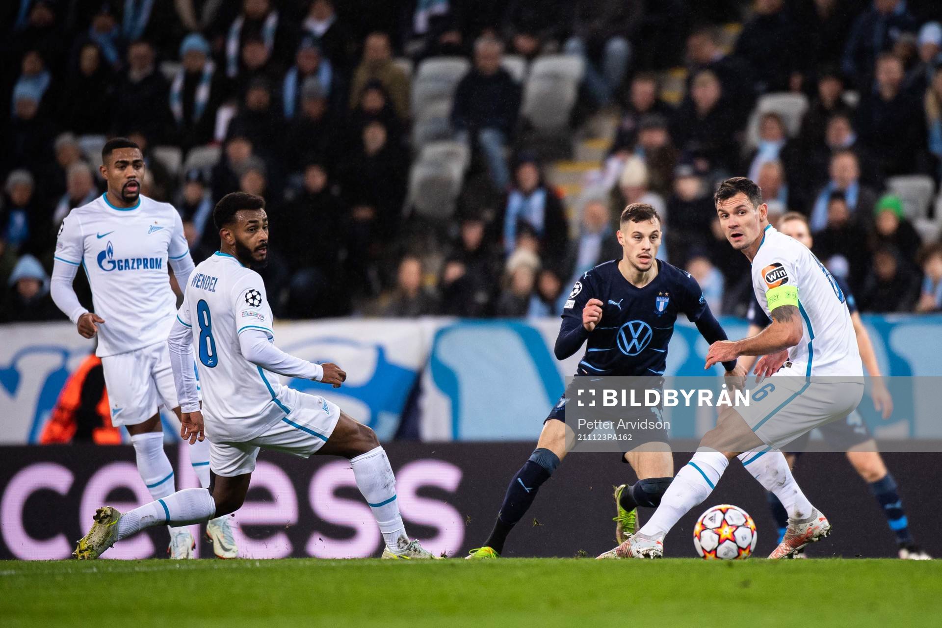 Veljko Birmancevic of Malmö FF against Wendel and Dejan Lovren of Zenit during the UEFA Champions League football match between Malmö FF and Zenit St Petersburg on November 23, 2021 in Malmö.