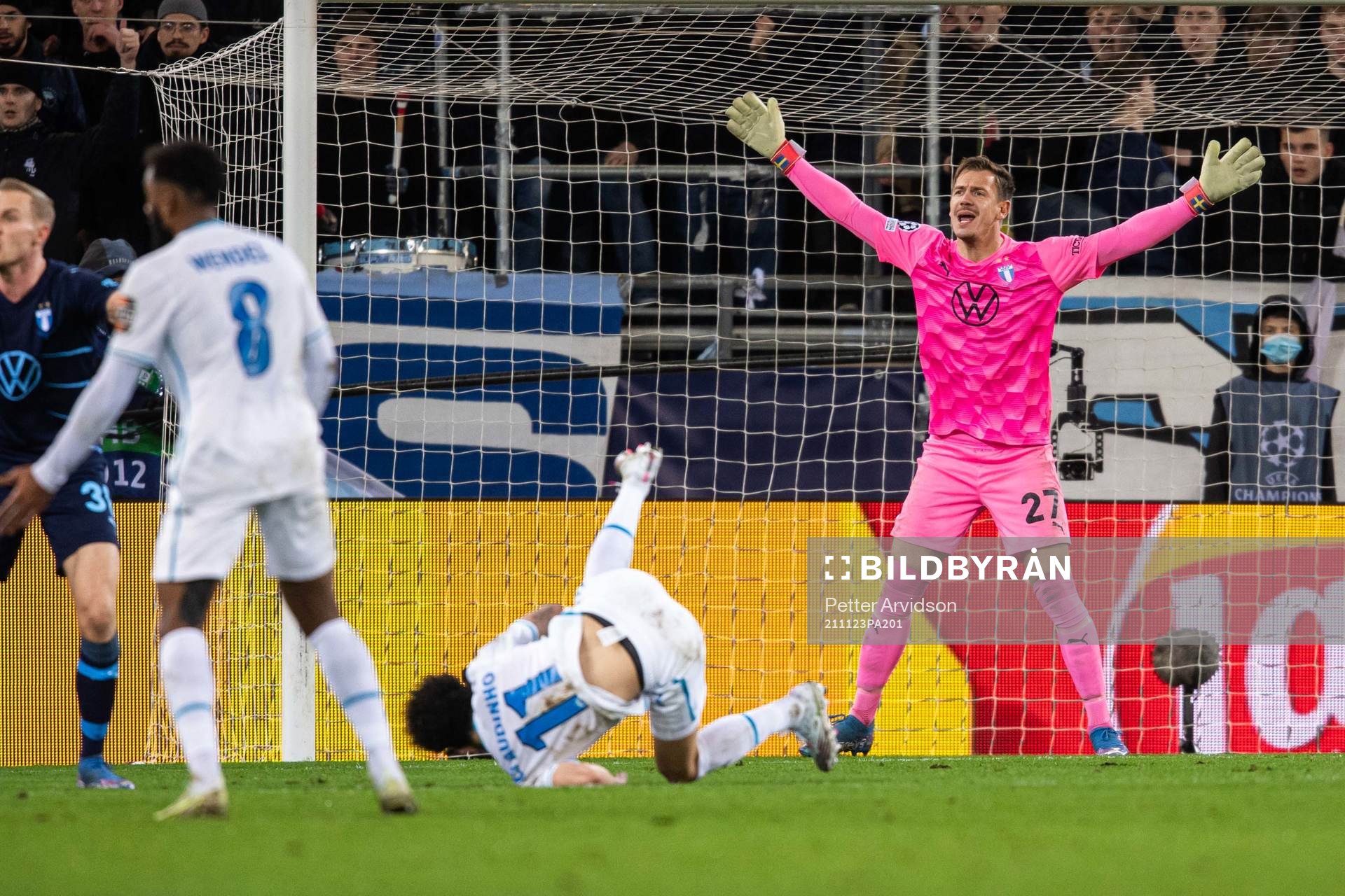 Goalkeeper Johan Dahlin of Malmö FF reacts