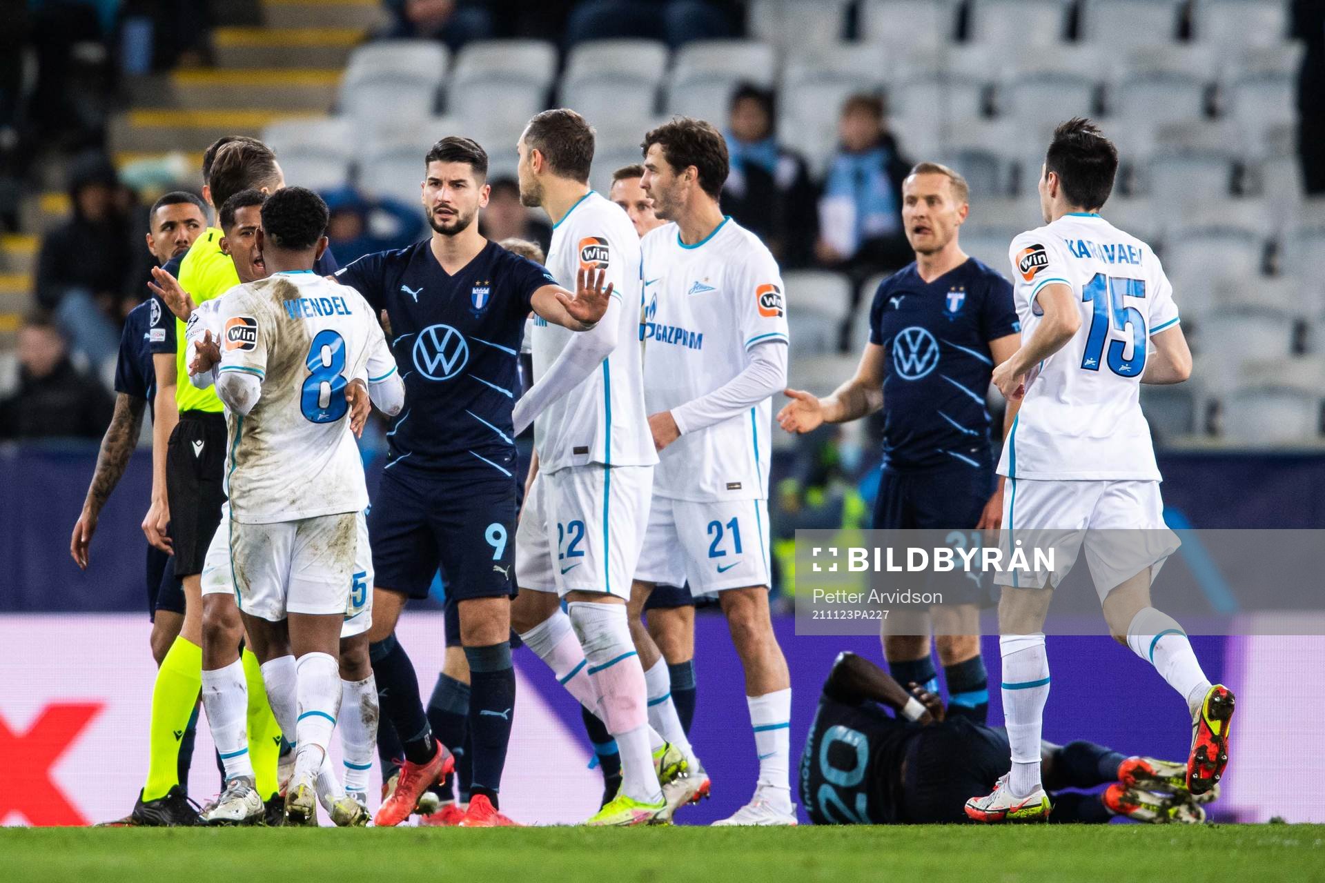 Antonio Colak of Malmö FF and Wendel of Zenit during the UEFA Champions League football match between Malmö FF and Zenit St Petersburg on November 23, 2021 in Malmö.