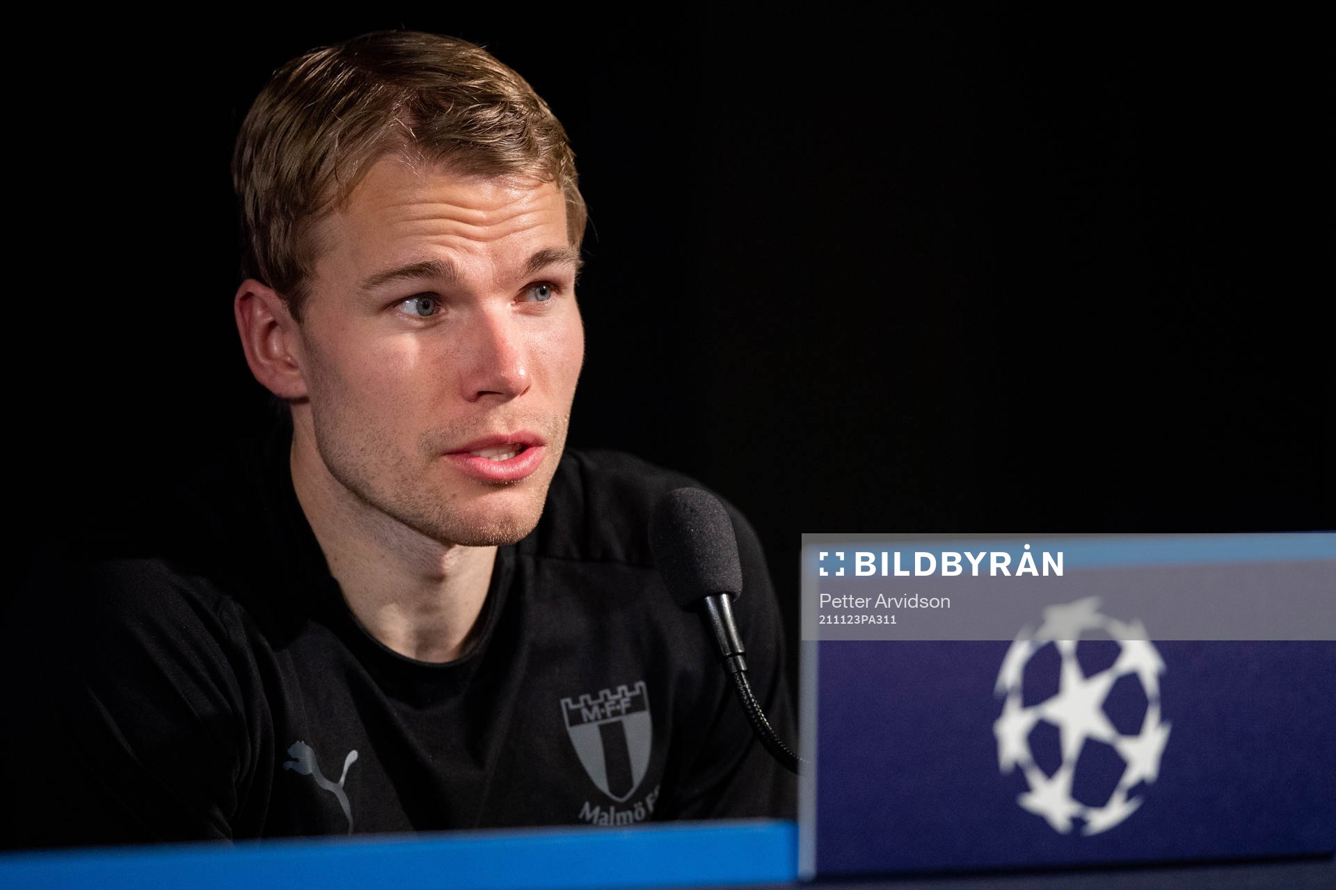 Oscar Lewicki of Malmö FF during a press conference after the UEFA Champions League football match between Malmö FF and Zenit St Petersburg on November 23, 2021 in Malmö.