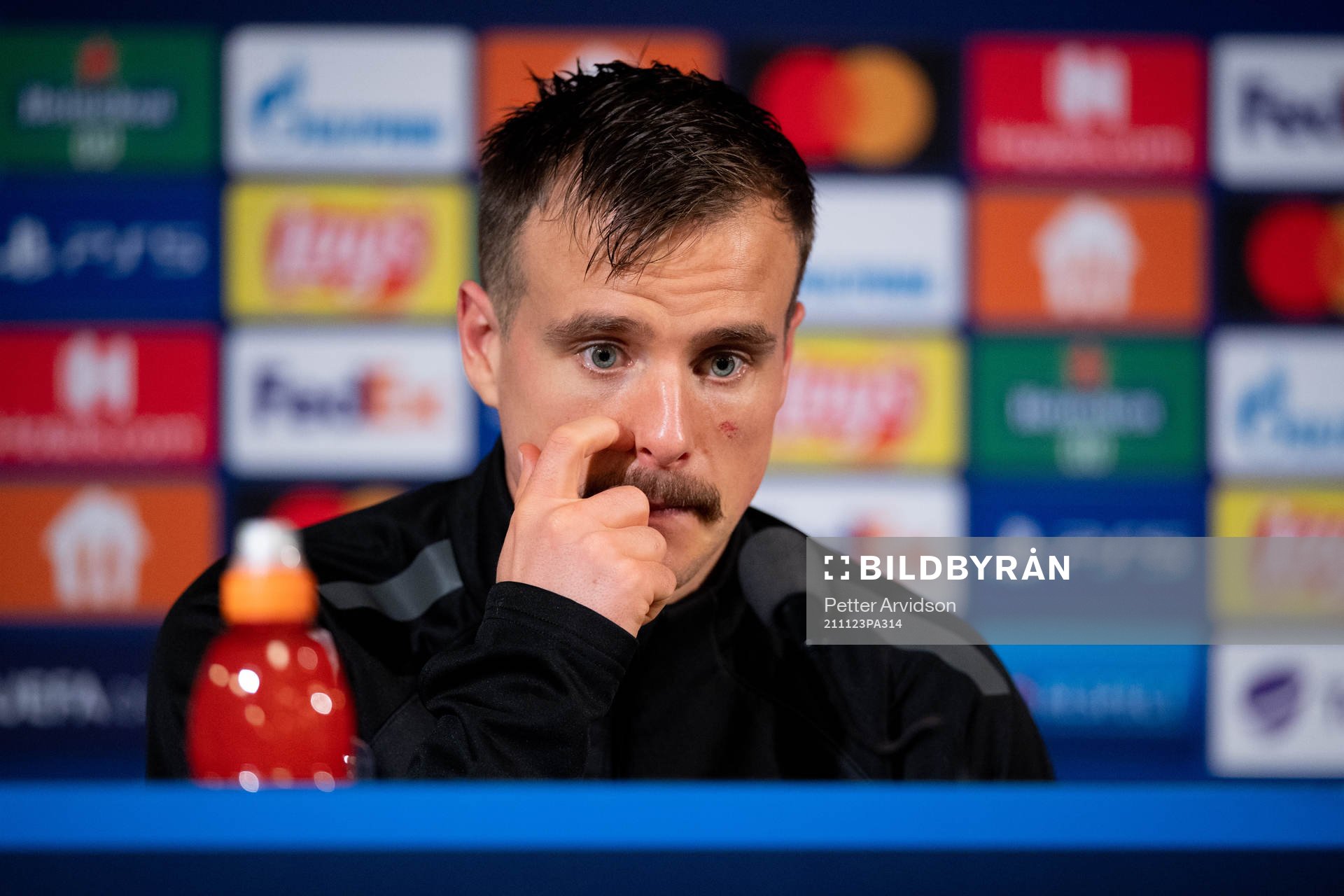 Eric Larsson of Malmö FF during a press conference after the UEFA Champions League football match between Malmö FF and Zenit St Petersburg on November 23, 2021 in Malmö.