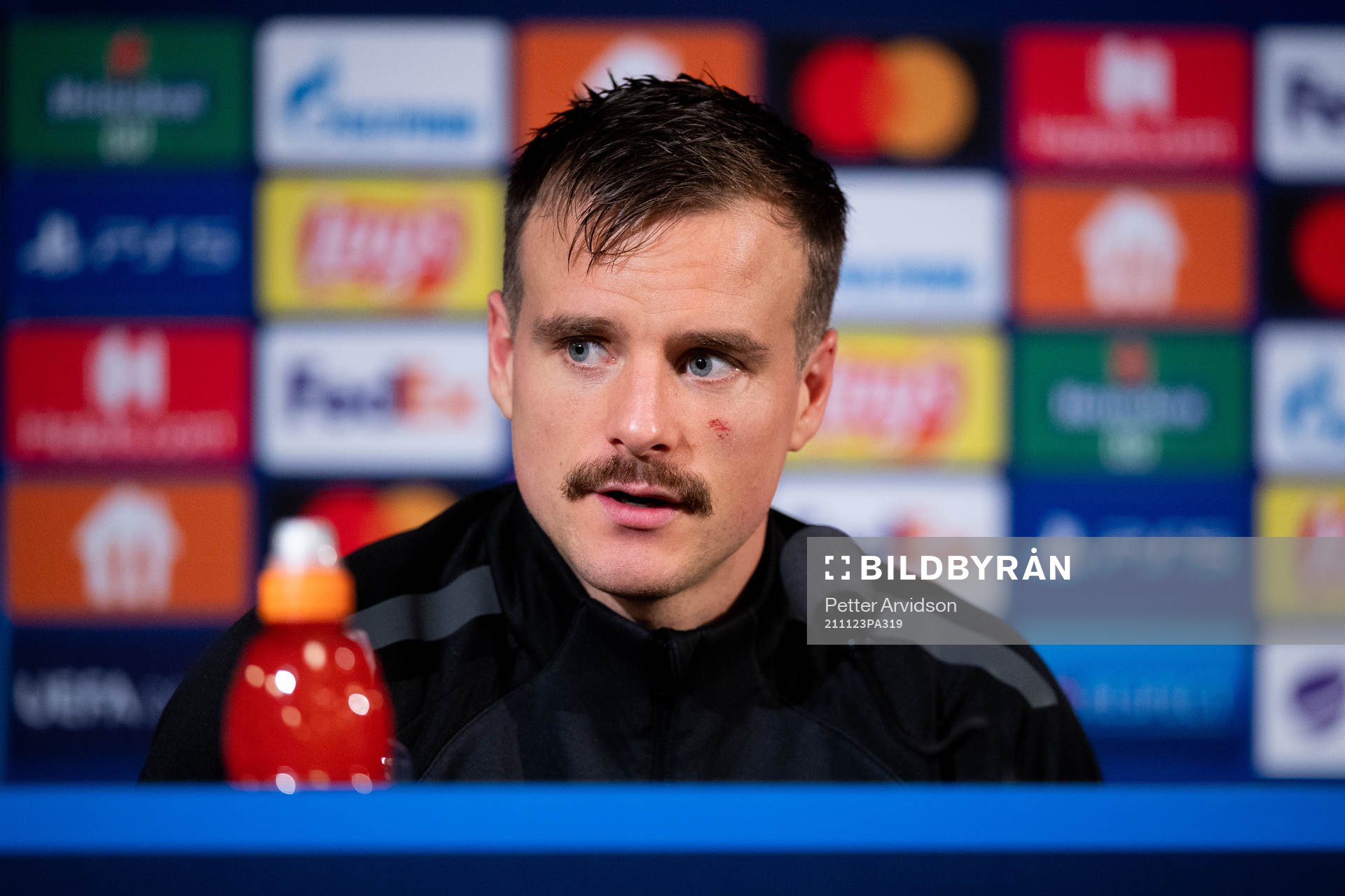 Eric Larsson of Malmö FF during a press conference after the UEFA Champions League football match between Malmö FF and Zenit St Petersburg on November 23, 2021 in Malmö.