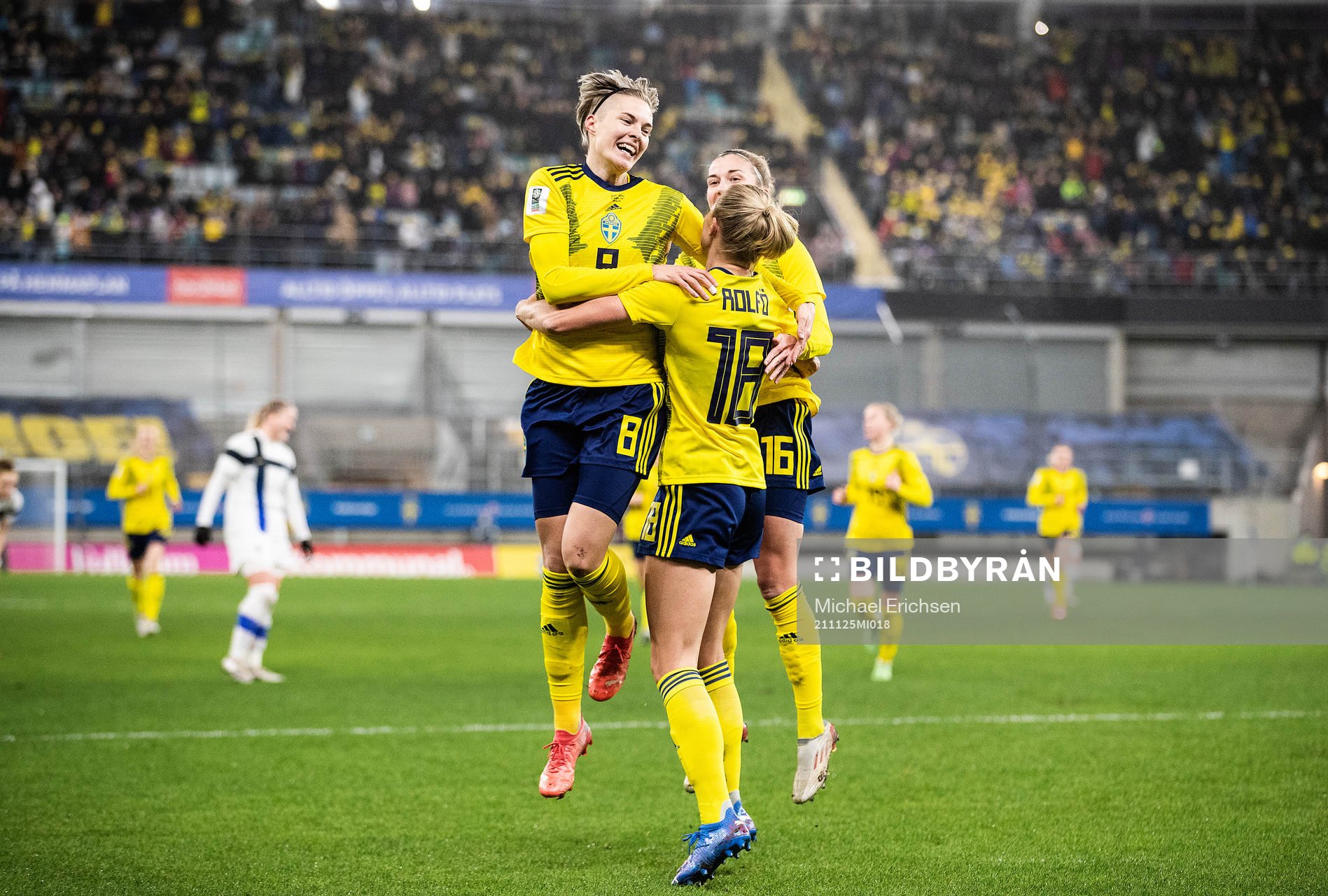 Lina Hurtig, Fridolina Rolfö and Filippa Angeldal of Sweden celebrate after 1-0 during the FIFA Women's World Cup Qualifier football match between Sweden and Finland on November 25, 2021 in Göteborg.