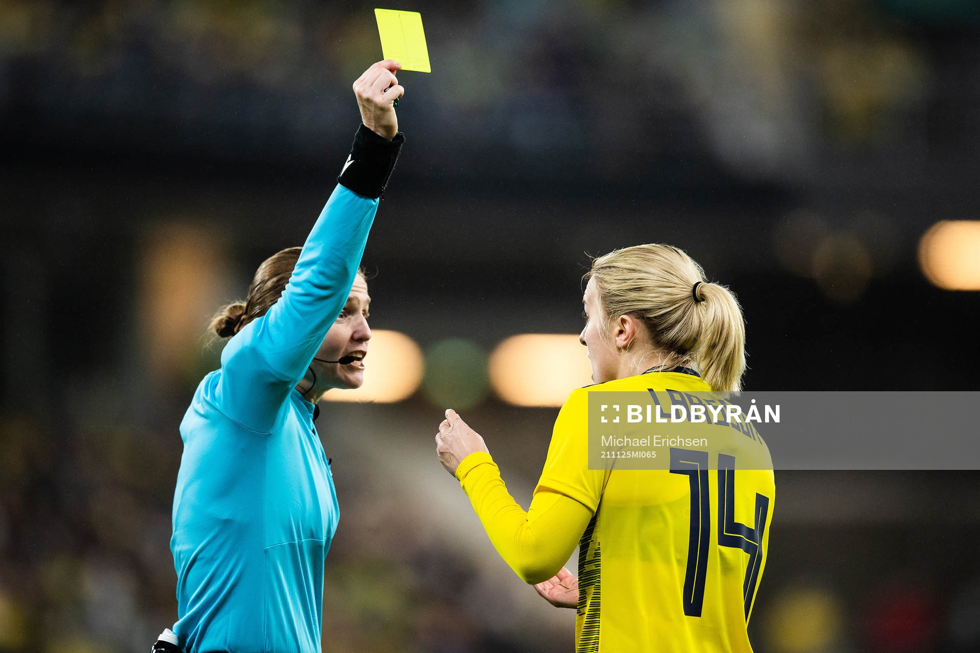 Mimmi Larsson of Sweden ash shown a yellow card