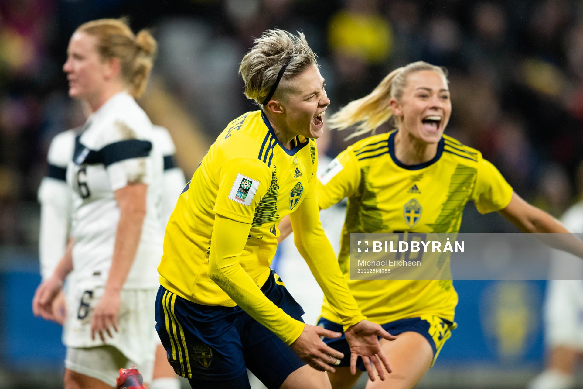 Lina Hurtig of Sweden celebrates scoring 2-1 during the FIFA Women's World Cup Qualifier football match between Sweden and Finland on November 25, 2021 in Göteborg.