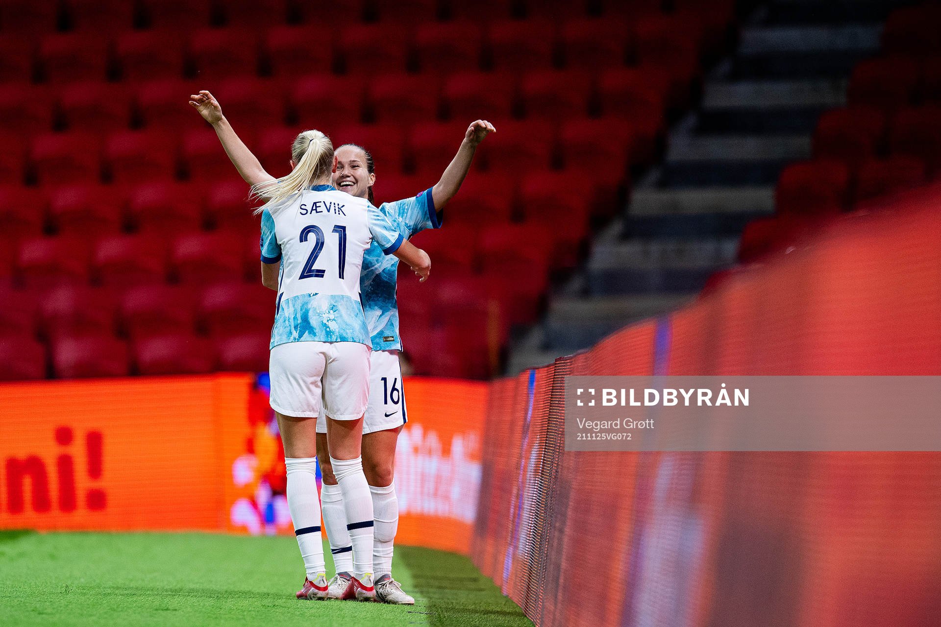Karina Sævik and Guro Reiten of Norway celebrate after 0-4 during the FIFA Women's World Cup Qualifier football match between Albania and Norway on November 25, 2021 in Tirana.