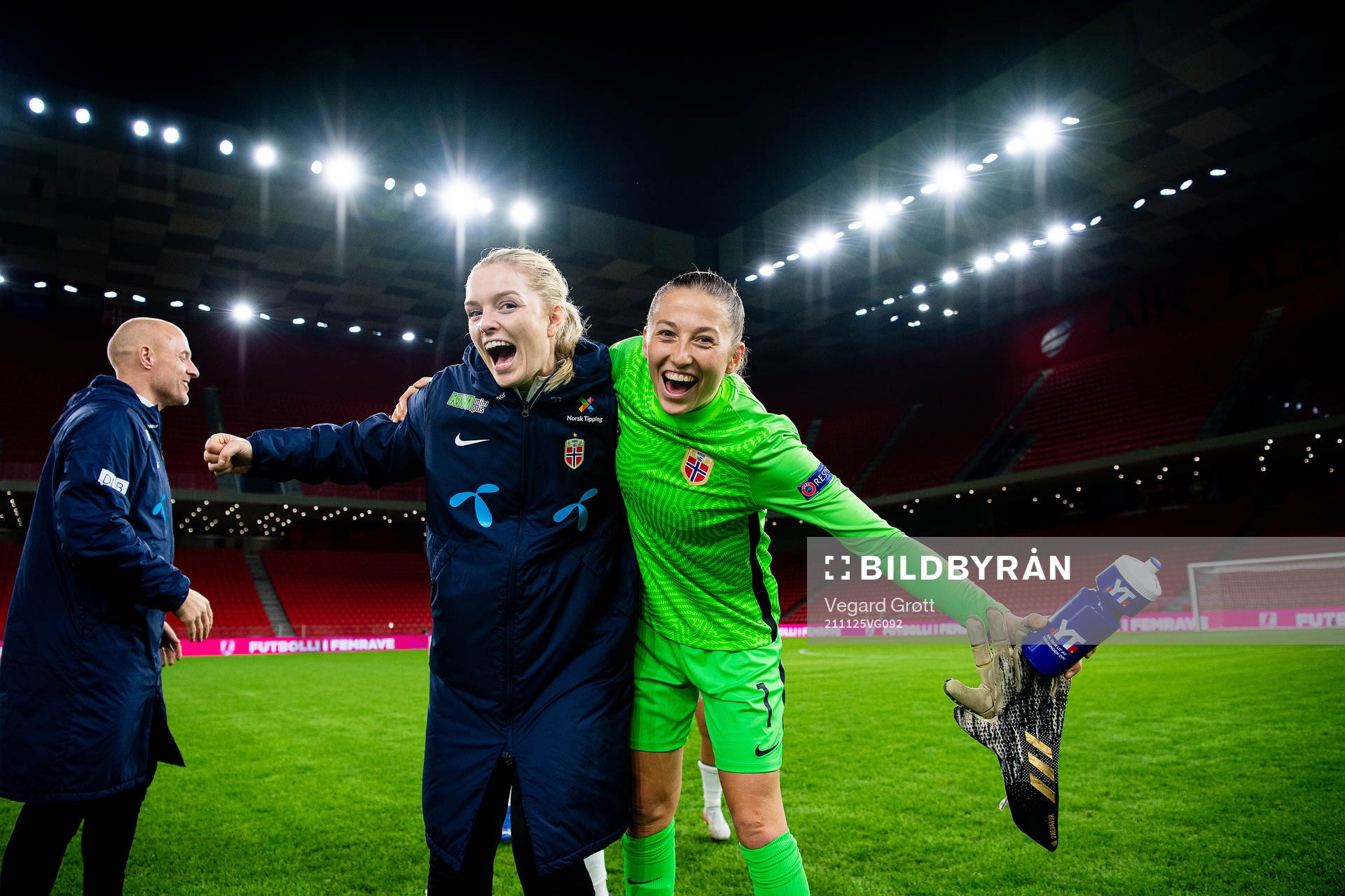 goalkeeper Guro Pettersen and goalkeeper Cecilie Fiskerstrand of Norway celebrate after the FIFA Women's World Cup Qualifier football match between Albania and Norway on November 25, 2021 in Tirana. 