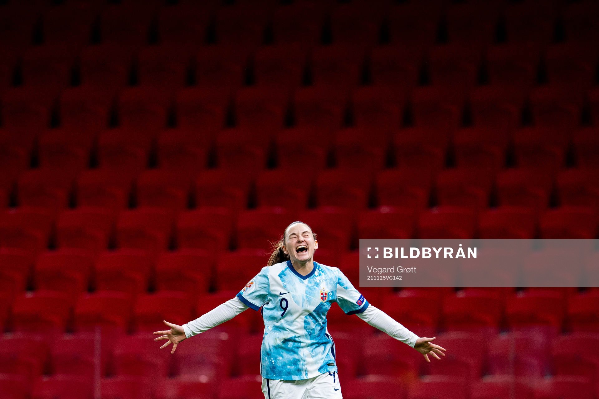 Vilde Hasund of Norway celebrates after scoring 0-6 during the FIFA Women's World Cup Qualifier football match between Albania and Norway on November 25, 2021 in Tirana.