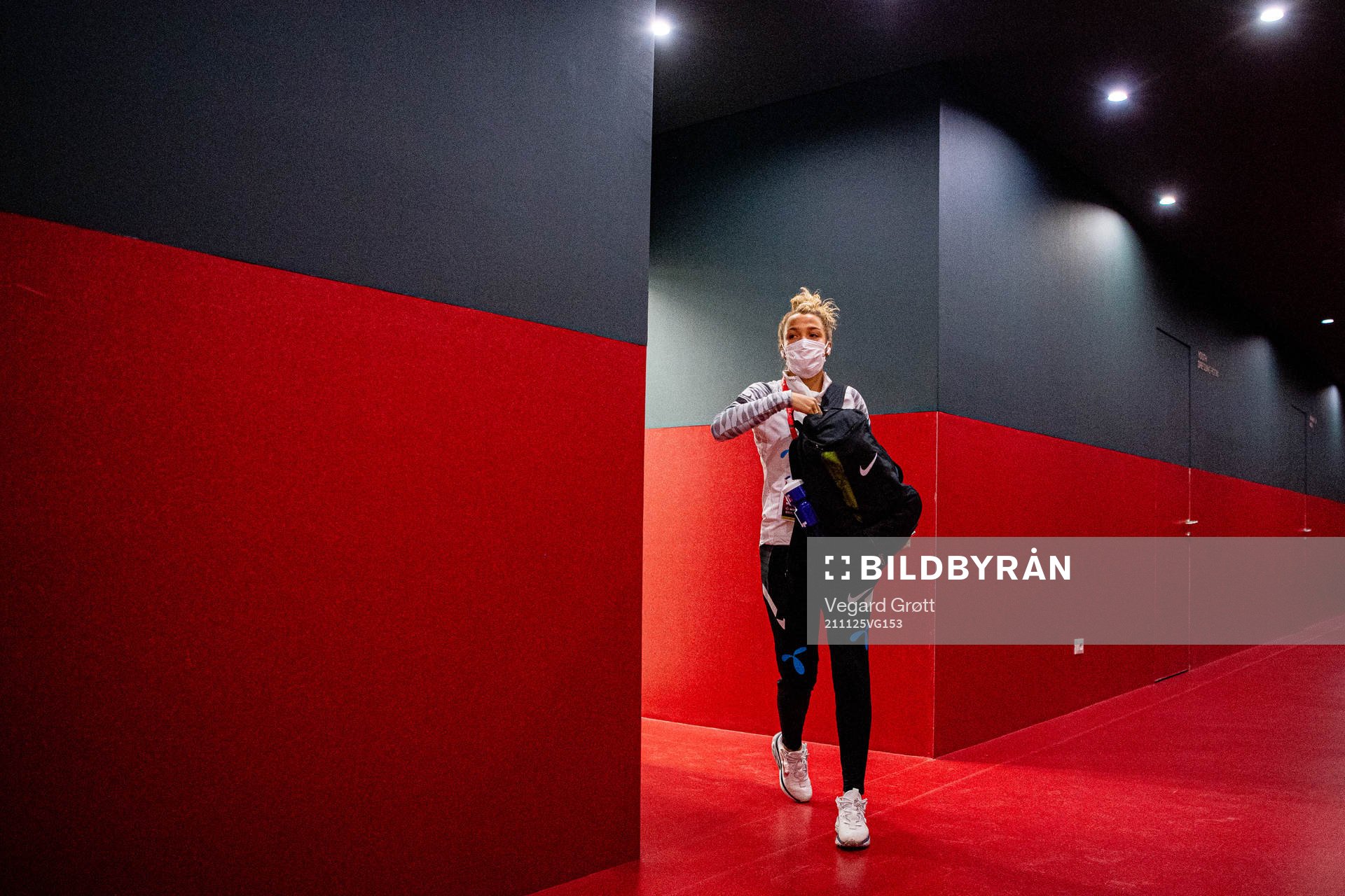 Celin Bizet Ildhusøy of Norway arrives wearing a face mask
