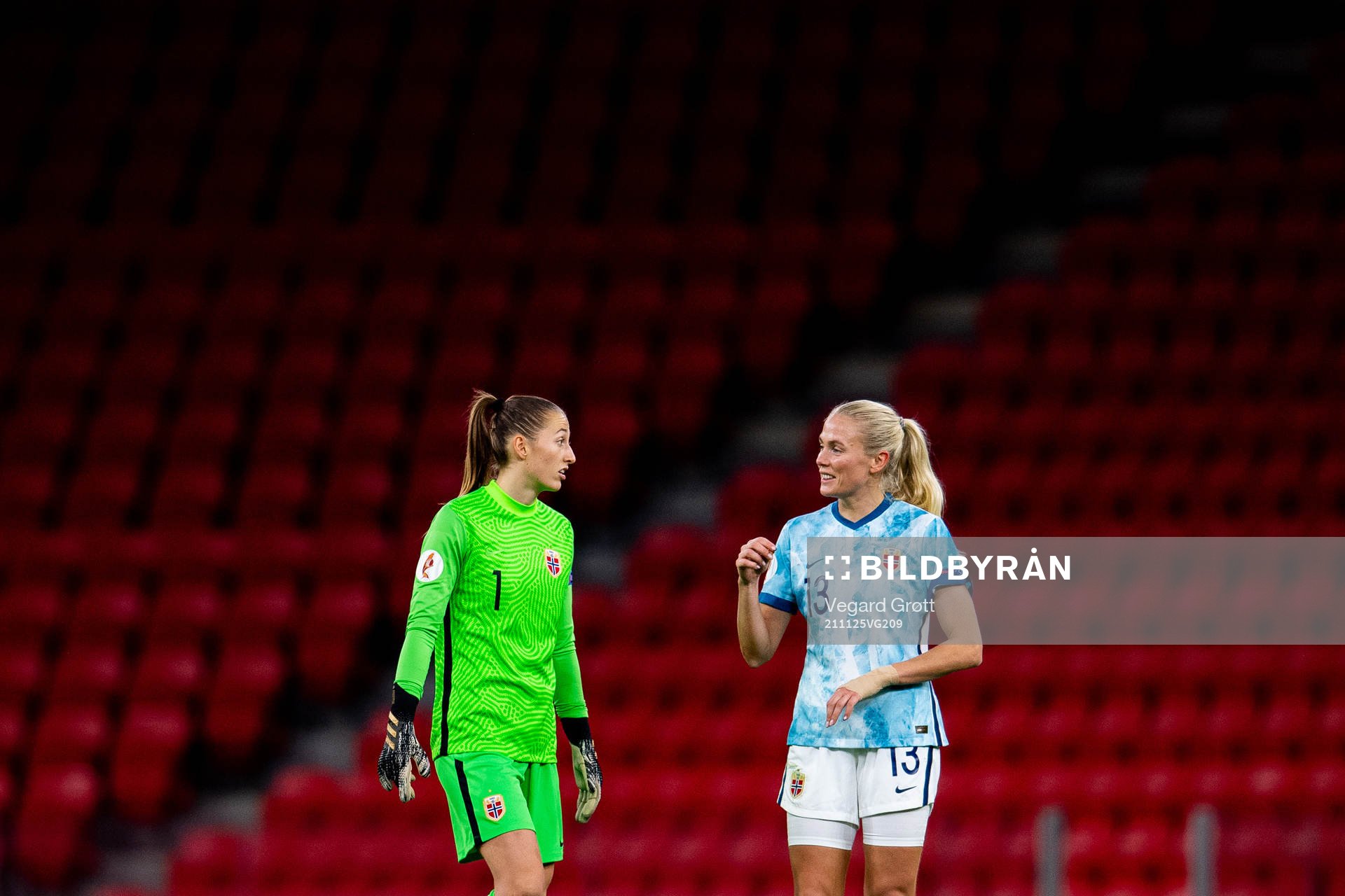 Goalkeeper Cecilie Fiskerstrand and Guro Bergsvand of Norway