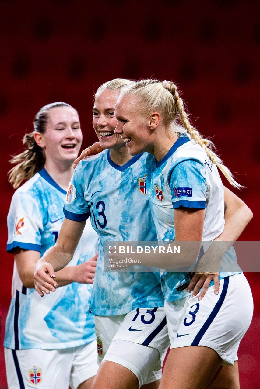 Maria Thorisdottir of Norway celebrates with teammates Elisabeth Terland and Guro Bergsvand after scoring 0-3 during the FIFA Women's World Cup Qualifier football match between Albania and Norway on November 25, 2021 in Tirana.