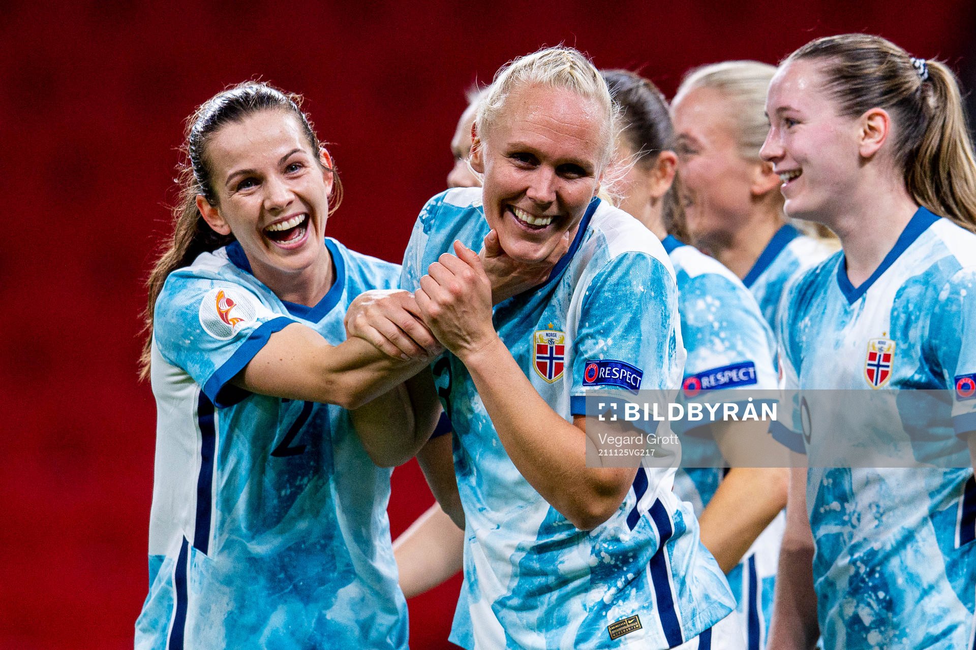 Maria Thorisdottir of Norway celebrates with teammate Tuva Hansen after scoring 0-3 during the FIFA Women's World Cup Qualifier football match between Albania and Norway on November 25, 2021 in Tirana.