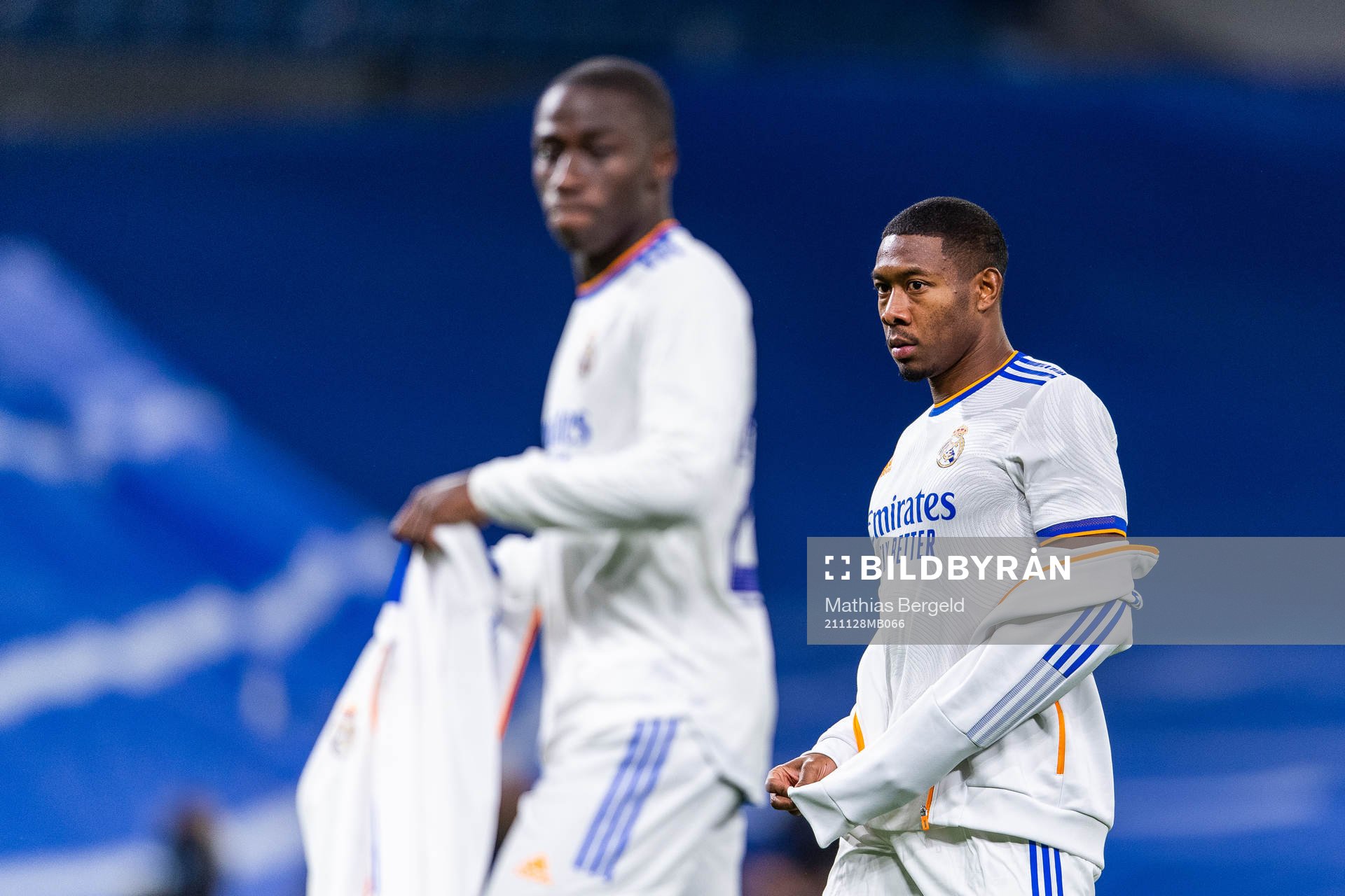 Ferland Mendy and David Alaba of Real Madrid ahead of the La Liga football match between Real Madrid and Sevilla on November 28, 2021 in Madrid.