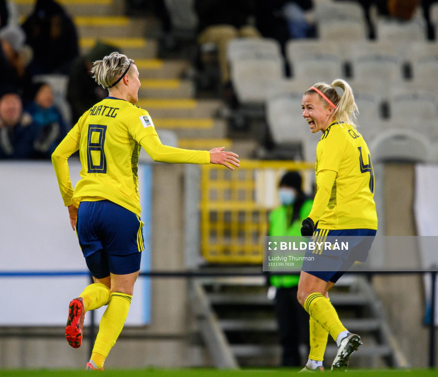 Lina Hurtig and Hanna Glas of Sweden celebrate the 1-0 goal