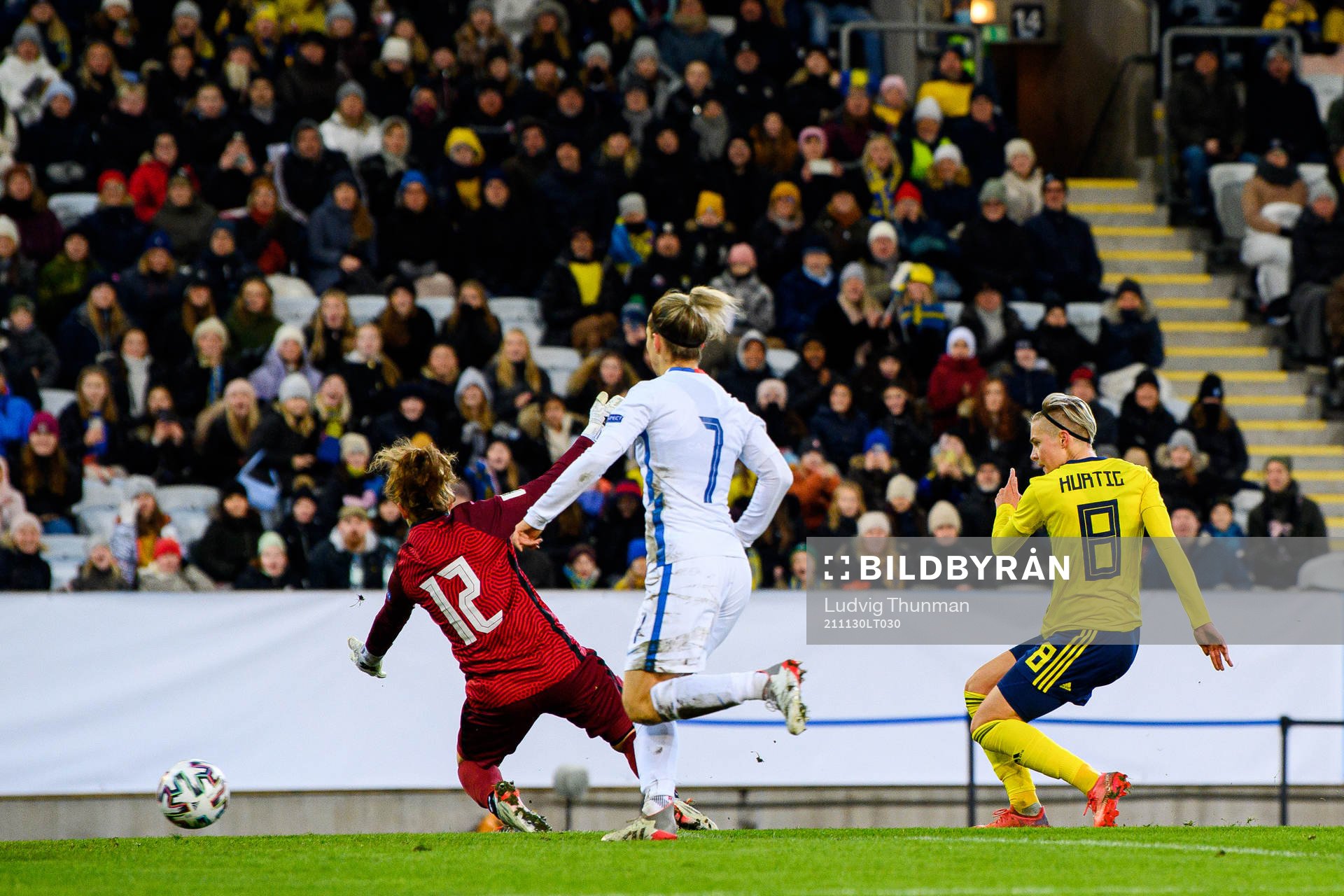 Lina Hurtig of Sweden scores the 1-0 goal behind goalkeeper