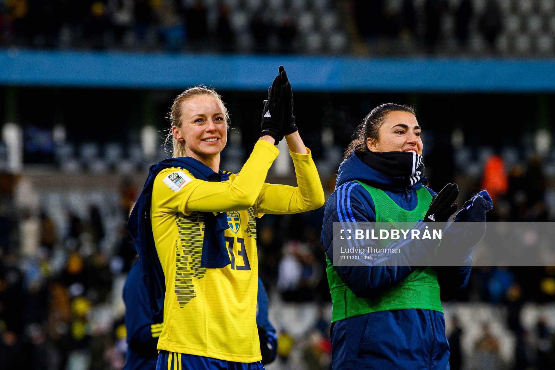 Amanda Ilestedt and goalkeeper Zecira Musovic of Sweden