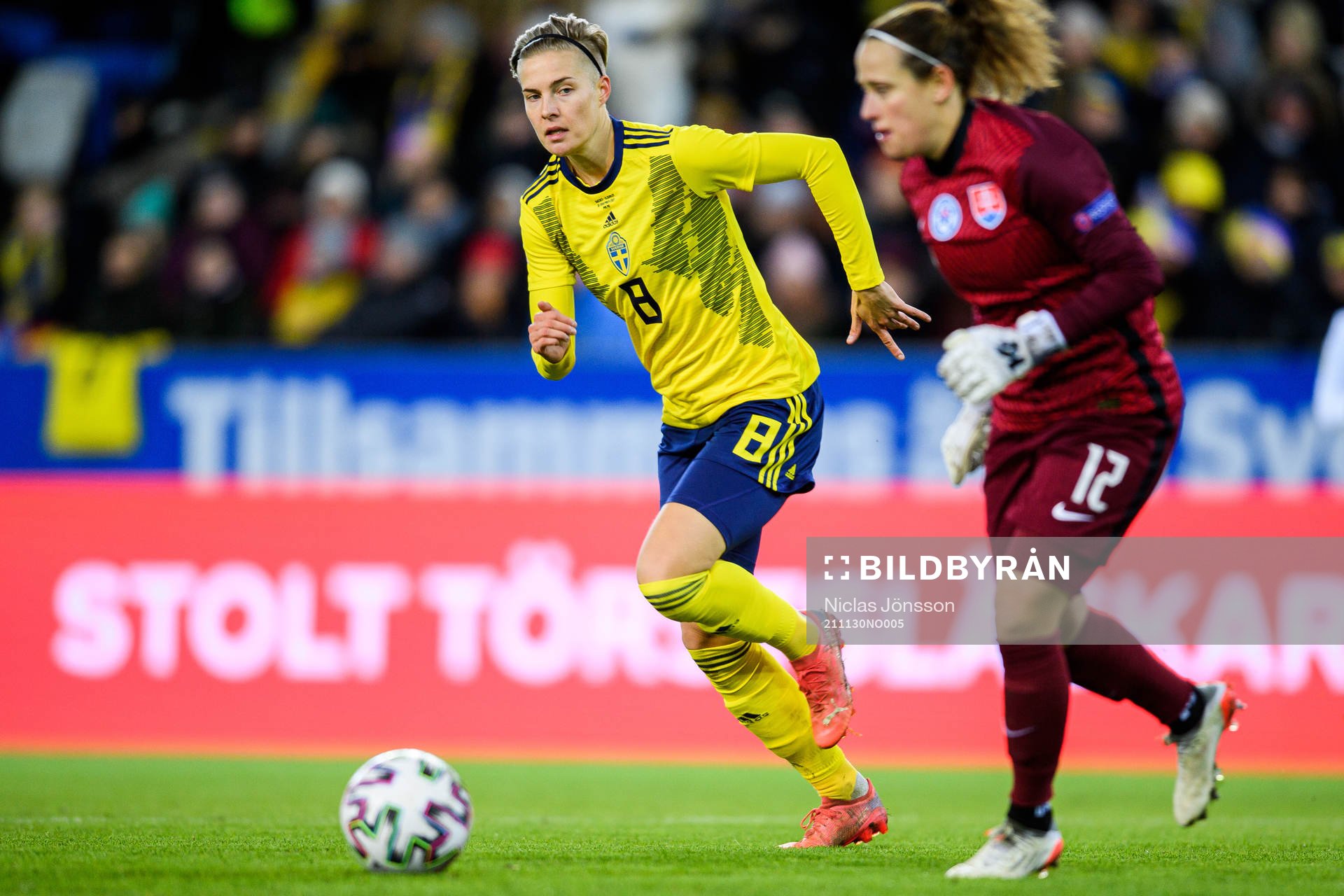 Lina Hurtig of Sweden and goalkeeper Maria Korenciova of